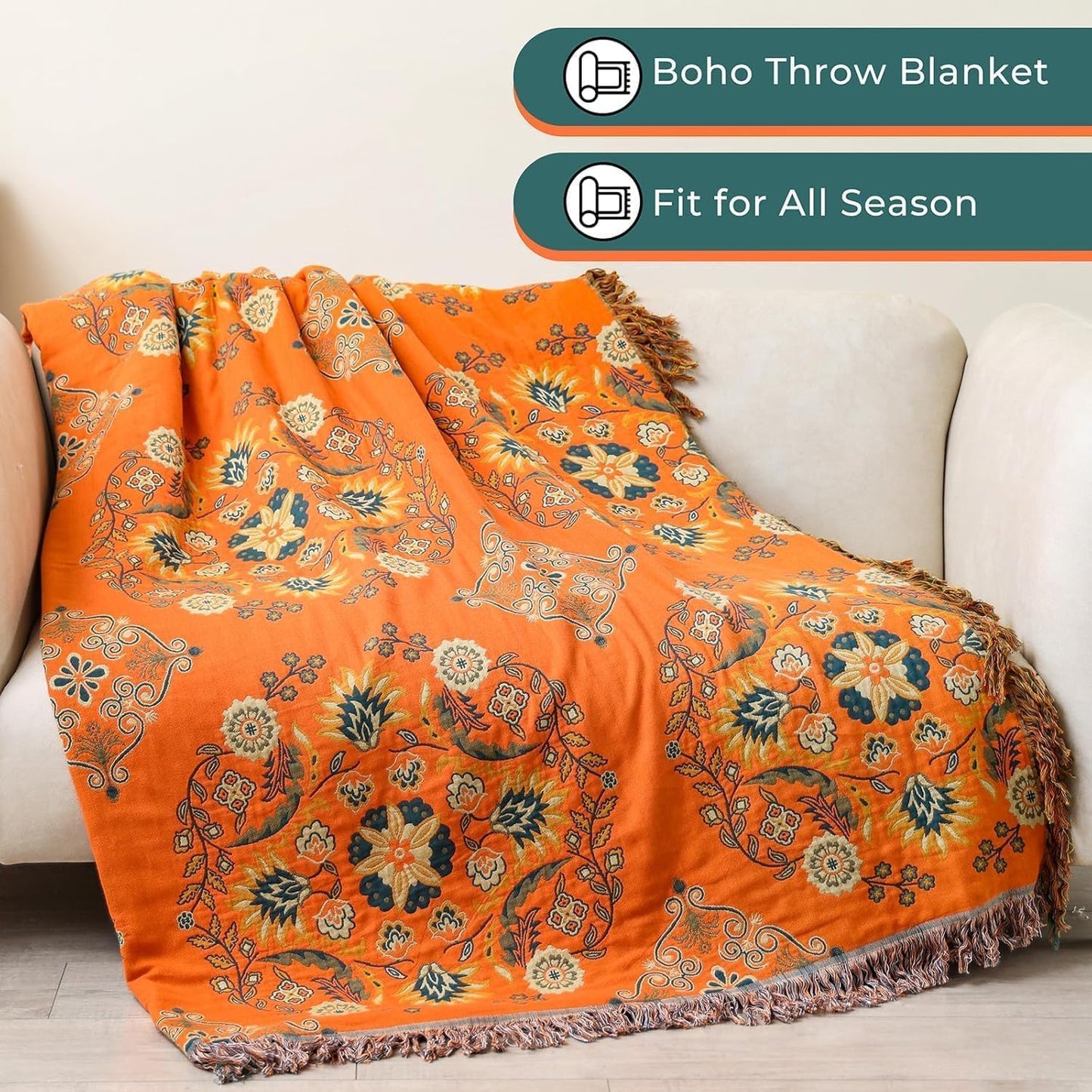 King Throw Blanket for Bed Couch,100% Organic Cotton Reversible Soft Quilt, Orange Floral Breathable Lightweight Blankets,90"×108" Extra Large Sofa Throws for 3 4 Seater with Tassels,Teal