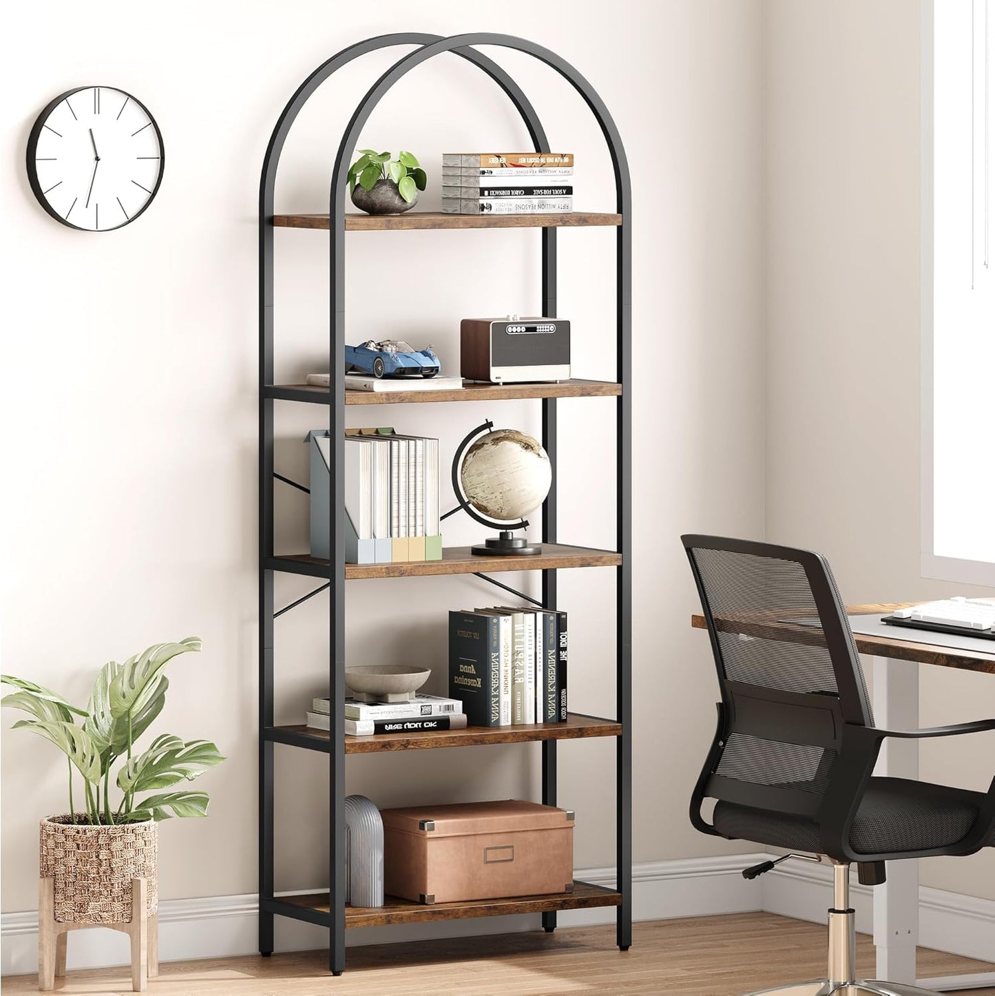 CABIHOME Bookshelf Tall Bookcase Arched Standing Bookshelves Modern Display Racks 5 Tier Storage Rack Shelf Large Wood Book Shelf for Bedroom, Living Room, Home Office
