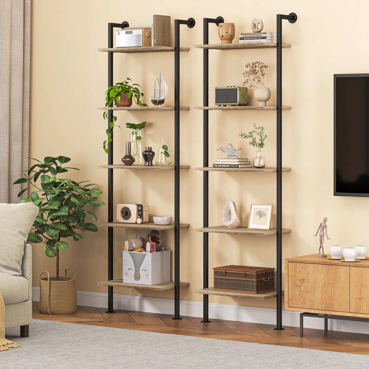5-Tier Solid Wood Bookshelf, Narrow Book Shelf Set of 2, Wall Mount Ladder Shelf, Storage Rack for Living Room, Bedroom, Industrial Style, Rustic Brown