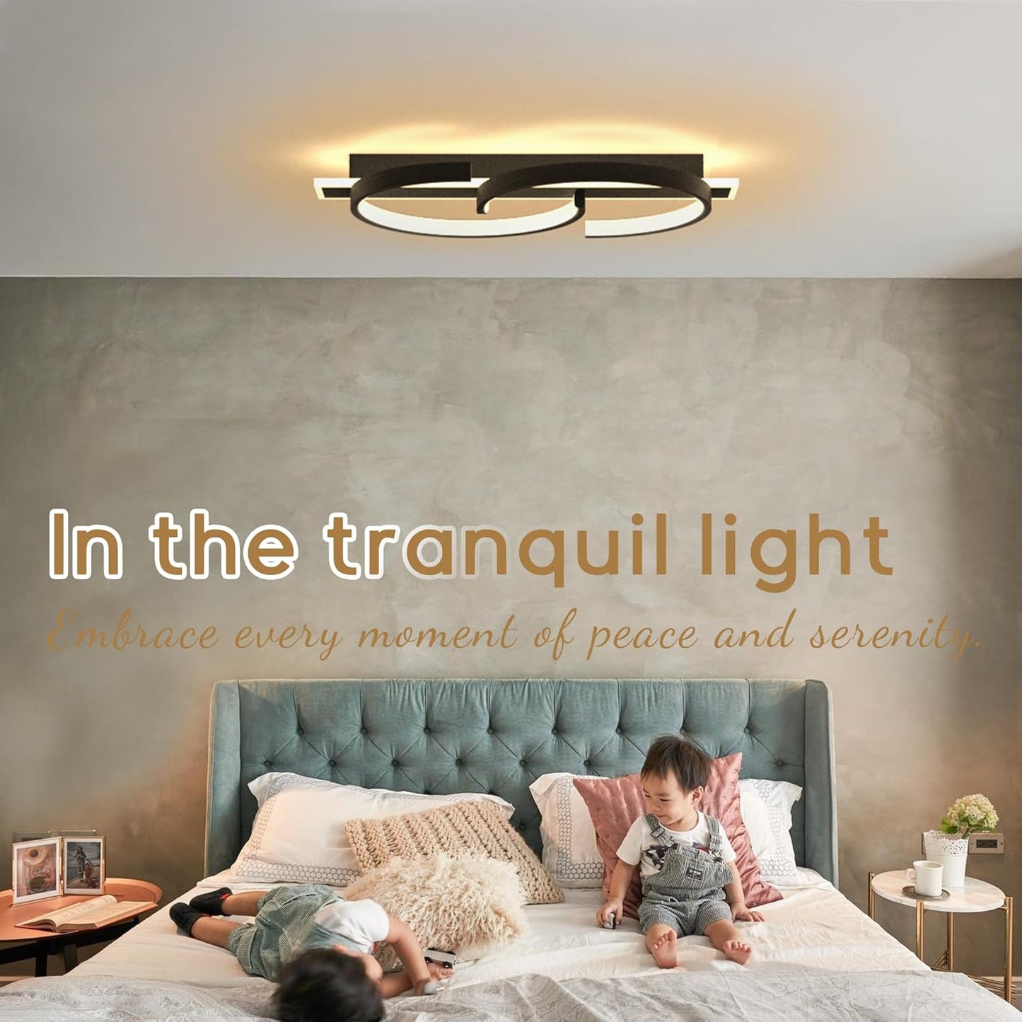 23.6" LED Ceiling Light, 2-Ring Modern Flush Mount Light, 55W Matte Black, Dimmable 3000–6000K, with Remote and Voice Control, Ceiling Light Fixture for Bedroom, Living Room, Dining Room