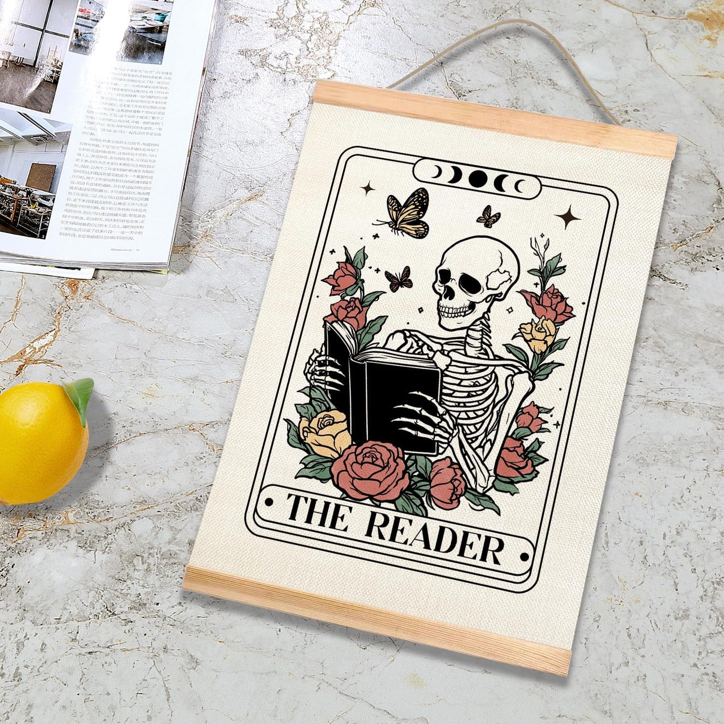 HEYJEEPER The Reader Tarot Card Wall Art, 14x18inch Gothic Skeleton Reading Books, Canvas Wall Hanging Poster,Library, Reading Corner Decor,Vintage Witchy Room Decor (Reader)