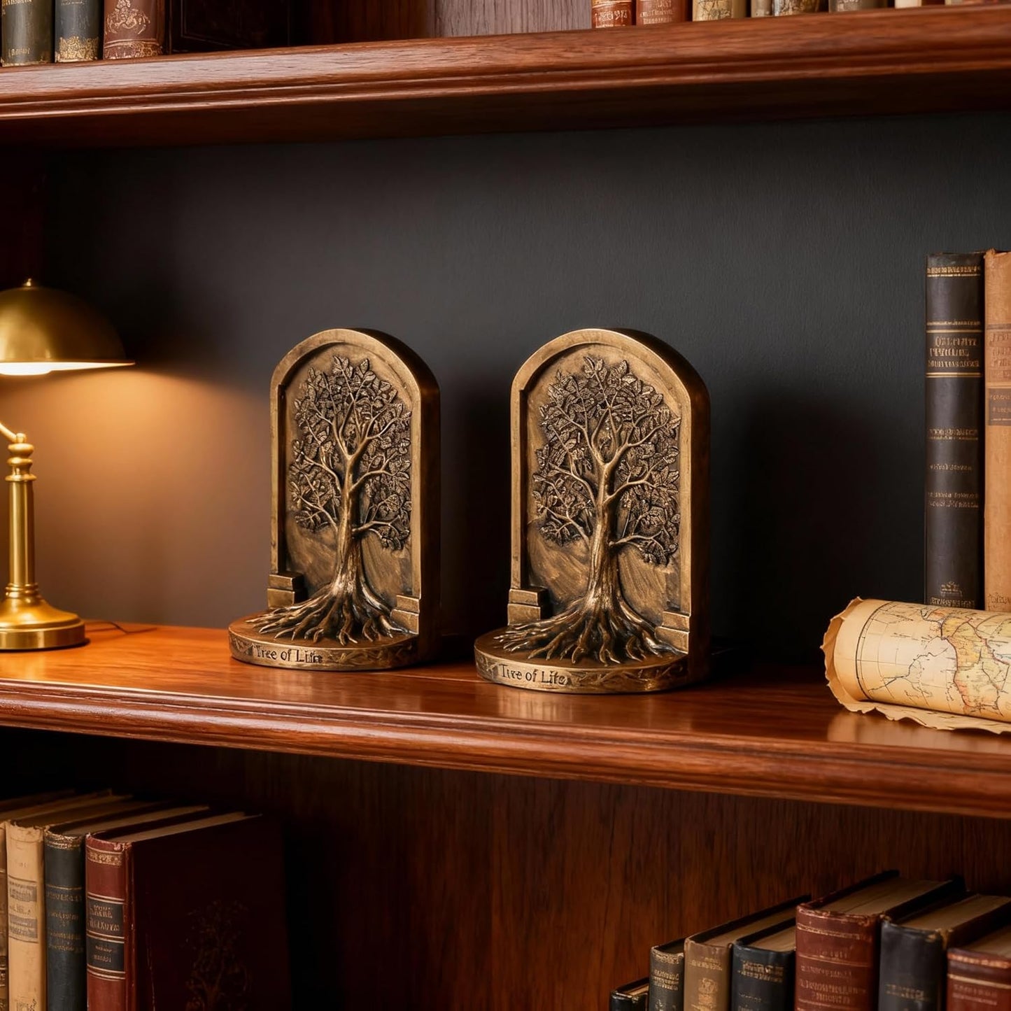 Tree of Life Resin Bookends - Set of 2 Heavy Duty Antique Bronze Book Holders with Non-Slip Bottom, Decorative Bookends for Shelves, Office, Home Library, Living Room and Study Room Decor