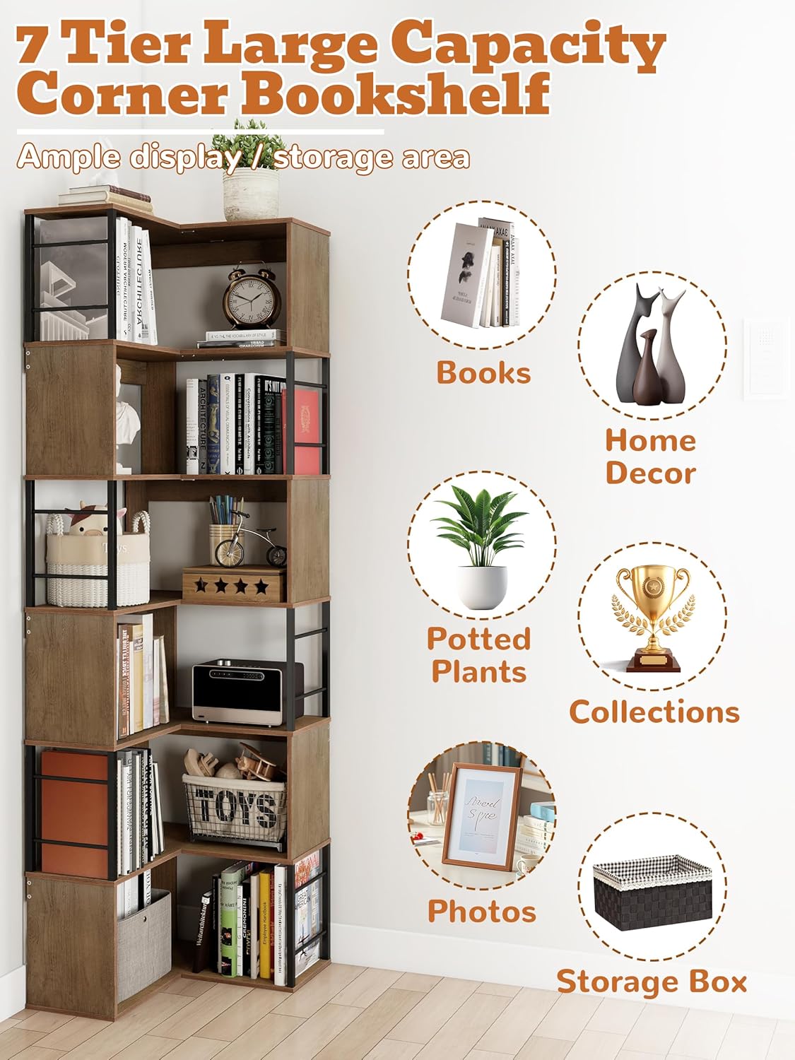 7 Tier L Shaped Corner Bookshelf, 74" Tall Metal Wood Bookcase with Anti-Tipping, Freestanding Display Storage Shelf, 77Lbs Per Shelf for Home Office Living Room Bedroom (Brown)