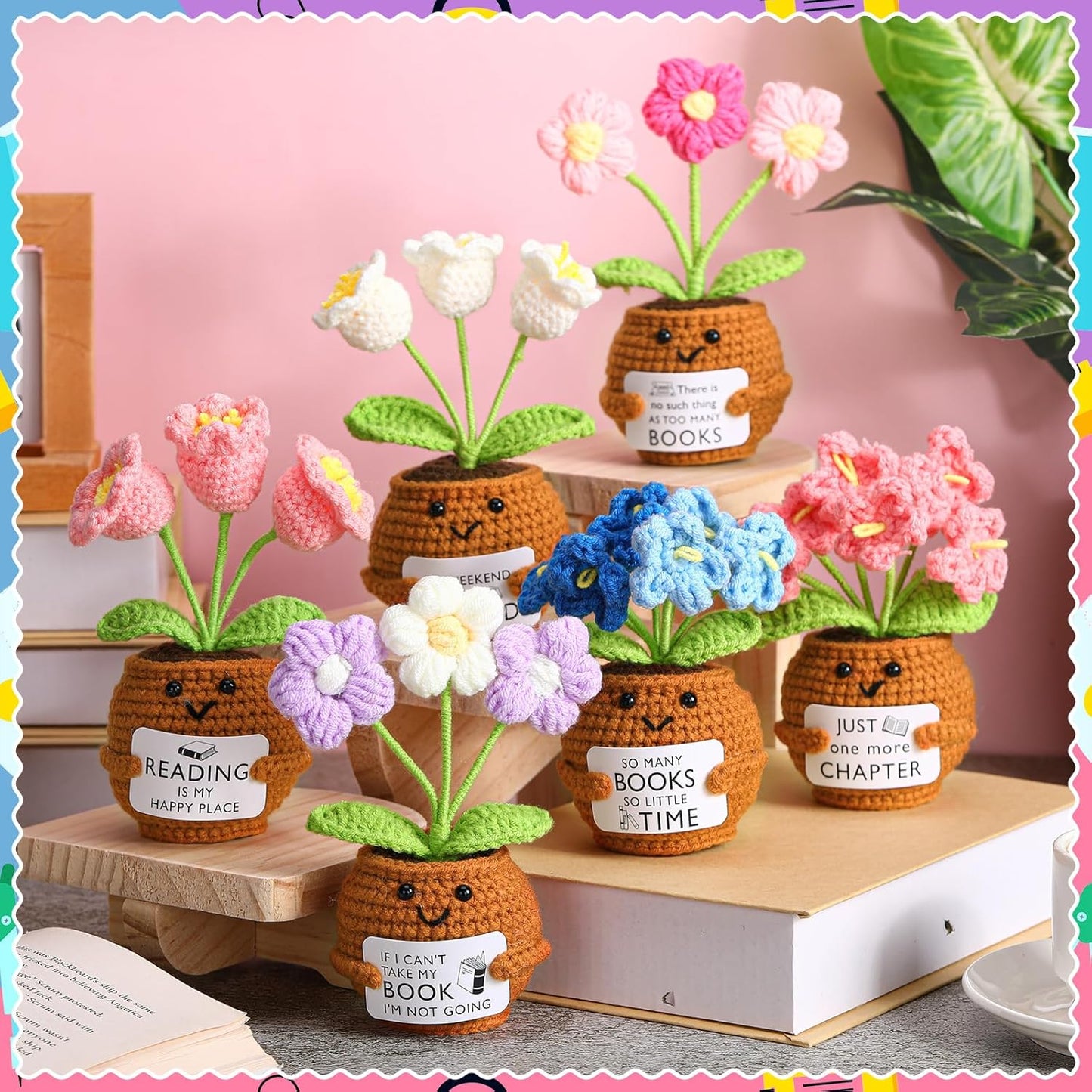 Wavwavw 6 Pcs Book Club Gift Book Lover Gift Bulk Crochet Flower Handmade for Bookish Bookshelf Deck Decor Librarian(Flower)