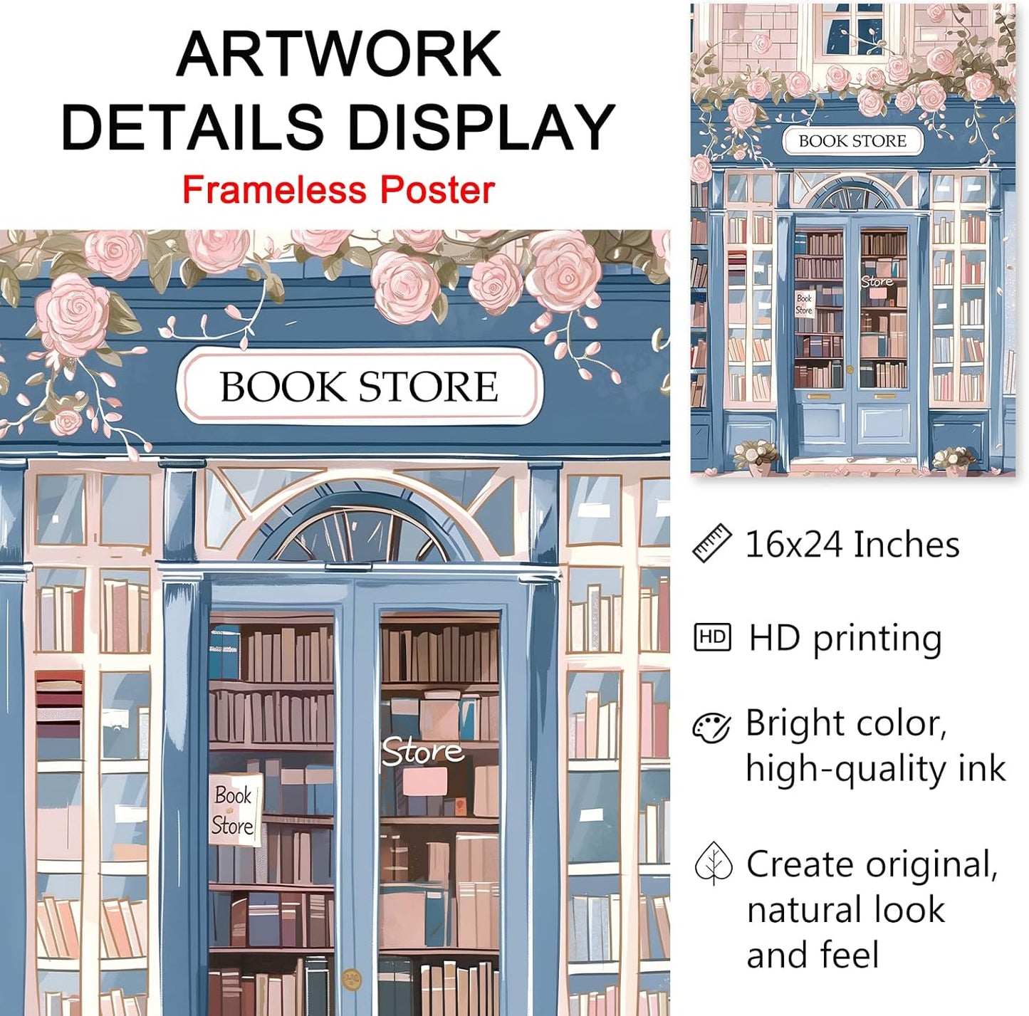 Book Store Poster Library Canvas Wall Art Pink Rose Painting Book Lover Pictures Pink and Blue Artwork Aesthetic Reading Wall Art Bookish Canvas for Room Romantic Library Artwork 16x24inch No Frame