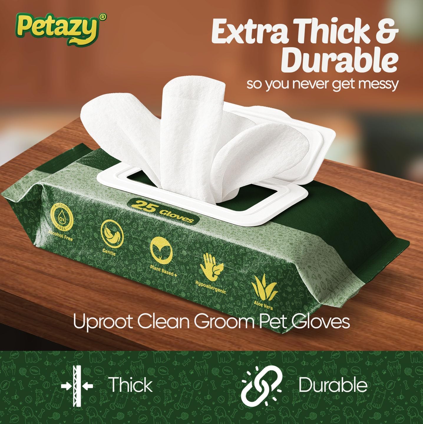 Pet Glove Wipes for Dogs & Cats – Hypoallergenic Thick Cleaning Gloves with Aloe & Coconut Oil for Paws, Face, Ears & Butt, Instant No Rinse Grooming Wipes to Deodorize and Hydrate, 25 Pack