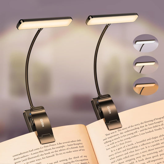 Gritin 2 Pack 19 LED Rechargeable Book Light for Reading in Bed with Memory Function-Eye Caring 3 Color Temperatures,Stepless Dimming Brightness,90 Hrs Runtime Clip on Light for Book Lovers