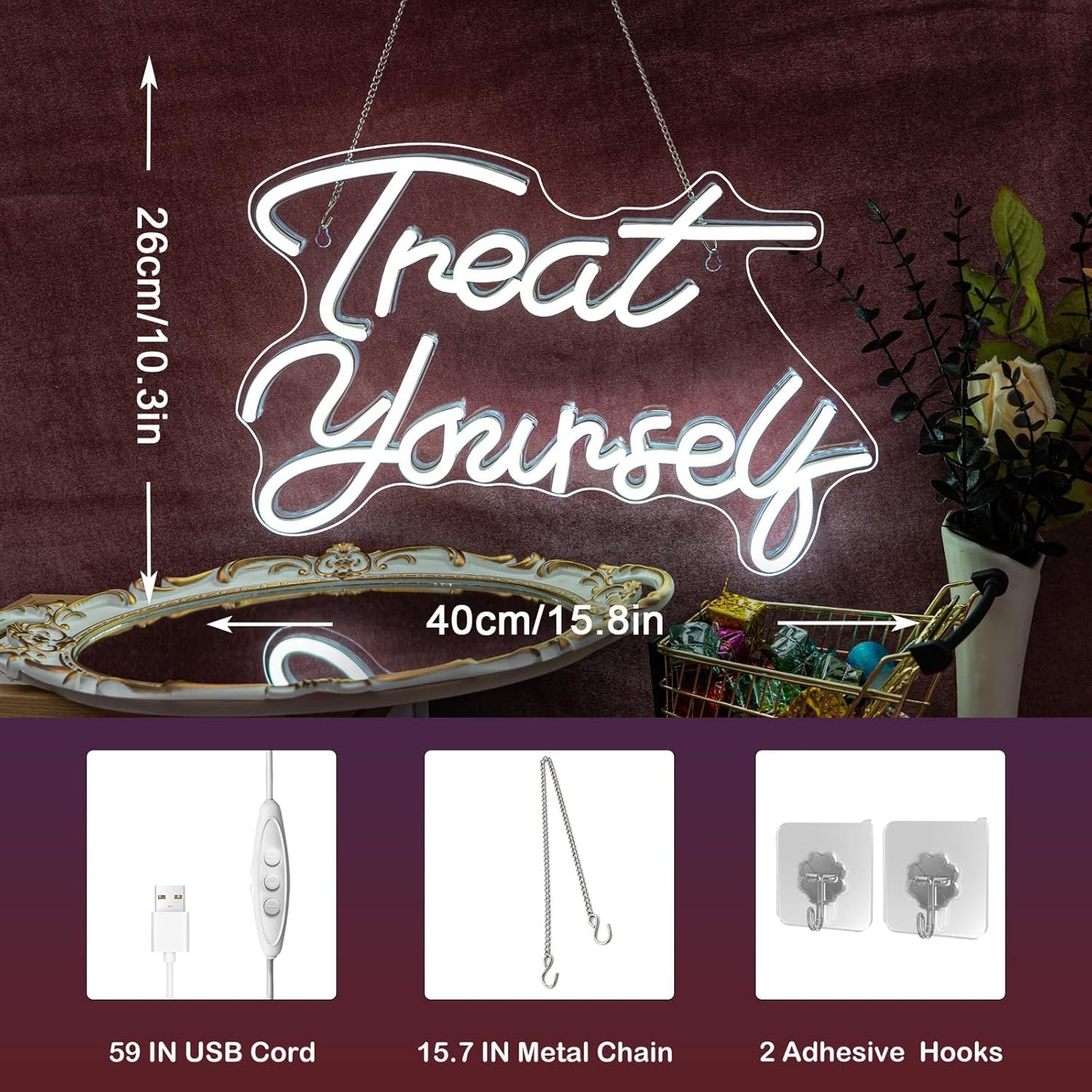 Treat Yourself Neon Signs White Led Sign for Bedroom Wall Letter Neon Lights Wedding Signs Neon Room Decor for Birthday Gift Party Home Decor Bar