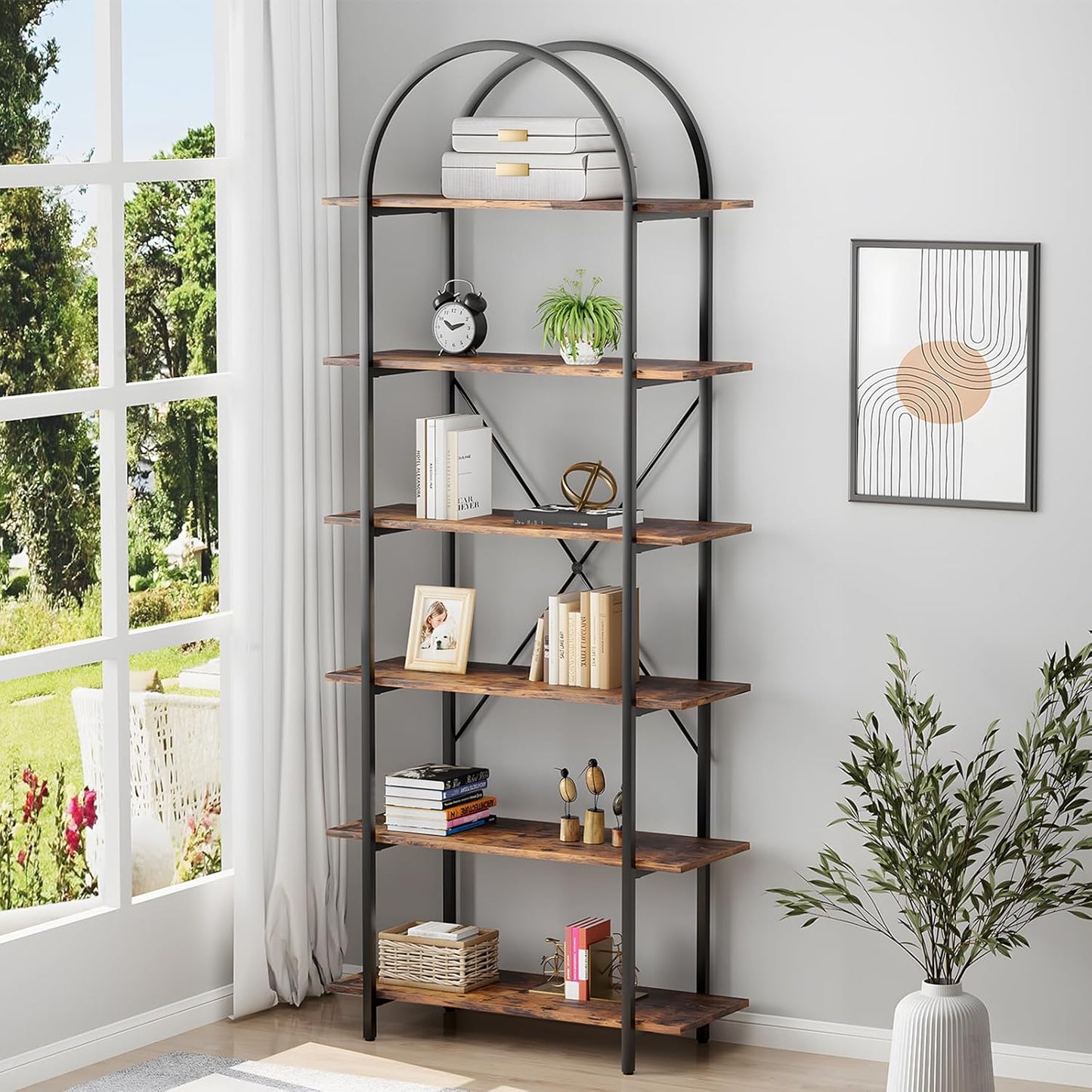 6 Tier Bookshelf, 83" Tall Arched Bookcase, Tall Book Shelf with Metal Frame, Industrial Display Standing Shelf for Living Room, Home Office, Bedroom, Brown