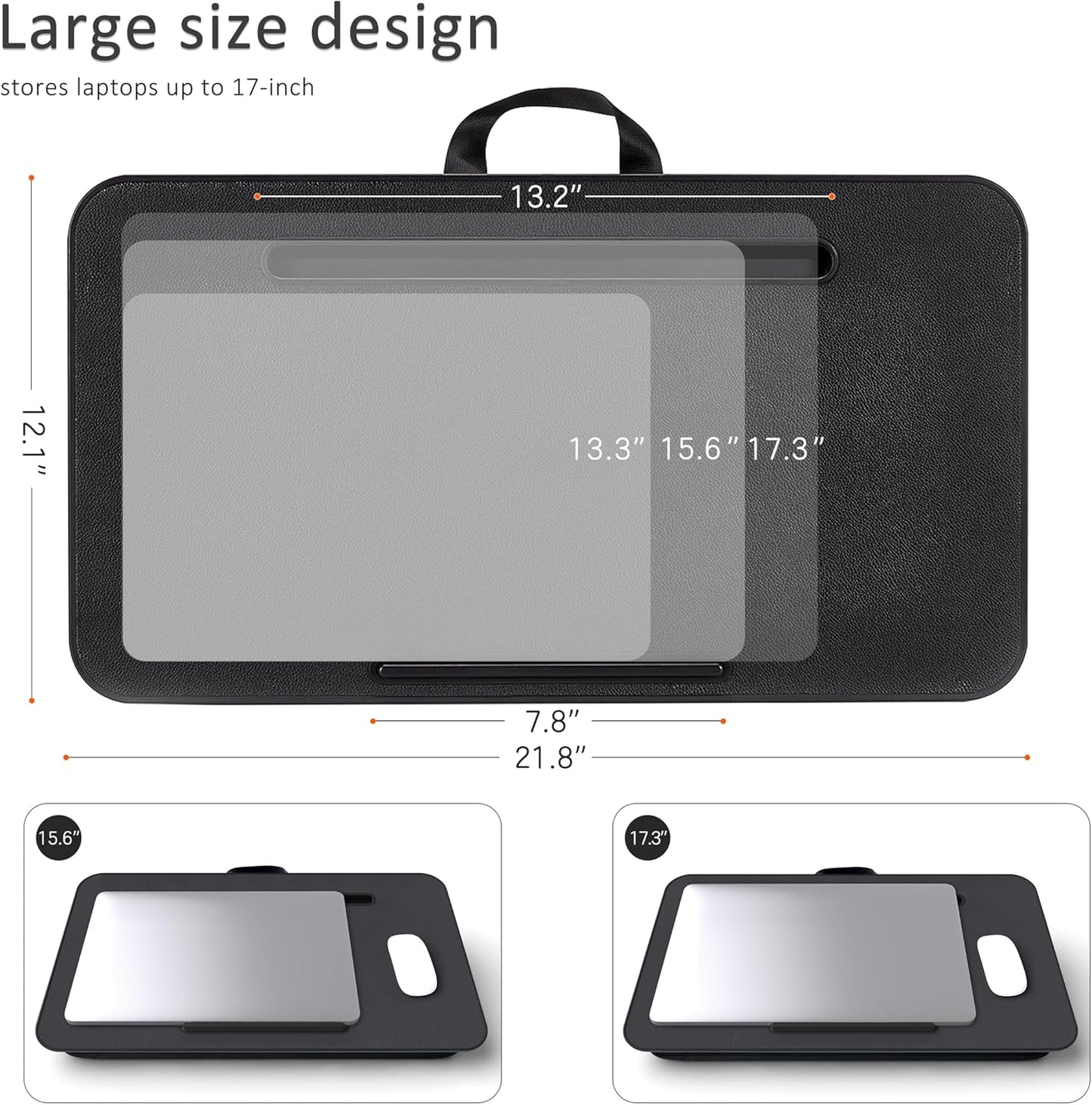 Millhome Lap Desk | Portable Laptop Desk – Fits Up to 17.3" Laptops – Washable Cushion, Adjustable Strap, Phone Holder – Ideal for Short Road Trips or Writing, Working, Reading on Bed, Couch – Black