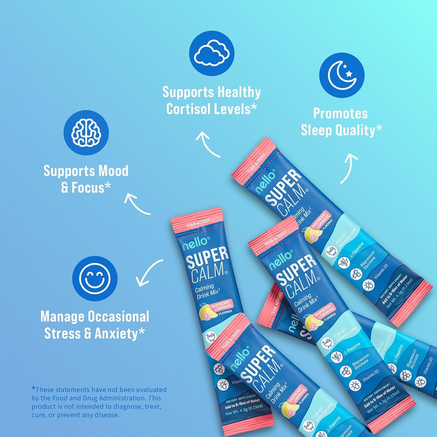Nello Supercalm Powdered Drink Mix, Cortisol Reducer and Sleep Aid Supplement, L Theanine, Ksm-66 Ashwagandha, Magnesium Glycinate, Vitamin D 3, No Sugar, Non GMO, On The Go, 20 Ct, Raspberry Lemonade