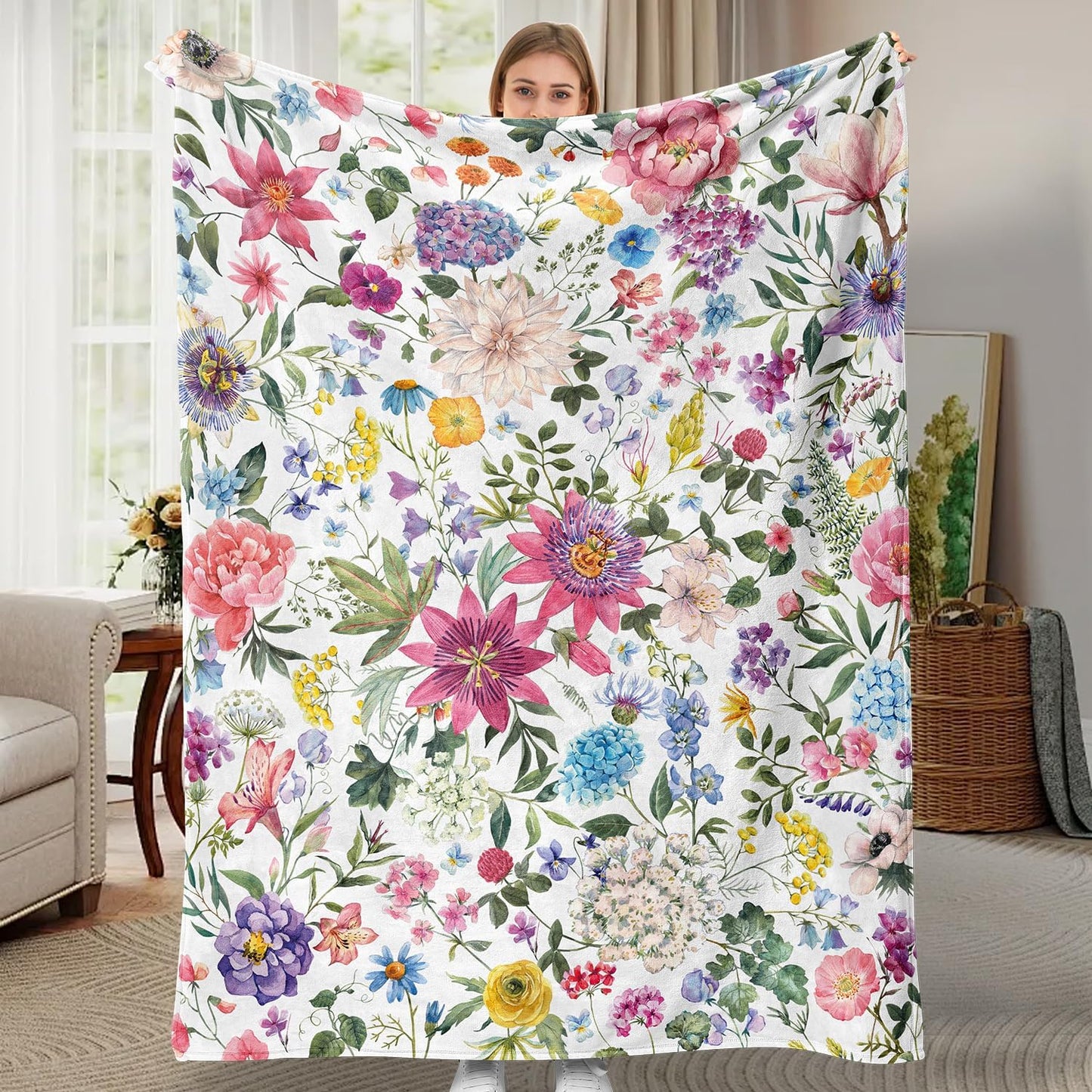 Floral Throw Blanket Colorful Wildflower Botanical Blanket Ultra Soft Flannel Fleece Throw Blankets Lightweight Cozy Fluffy Plush Blankets for Bed Couch 50"X60"