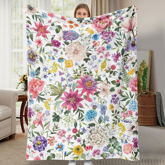 Floral Throw Blanket Colorful Wildflower Botanical Blanket Ultra Soft Flannel Fleece Throw Blankets Lightweight Cozy Fluffy Plush Blankets for Bed Couch 50"X60"