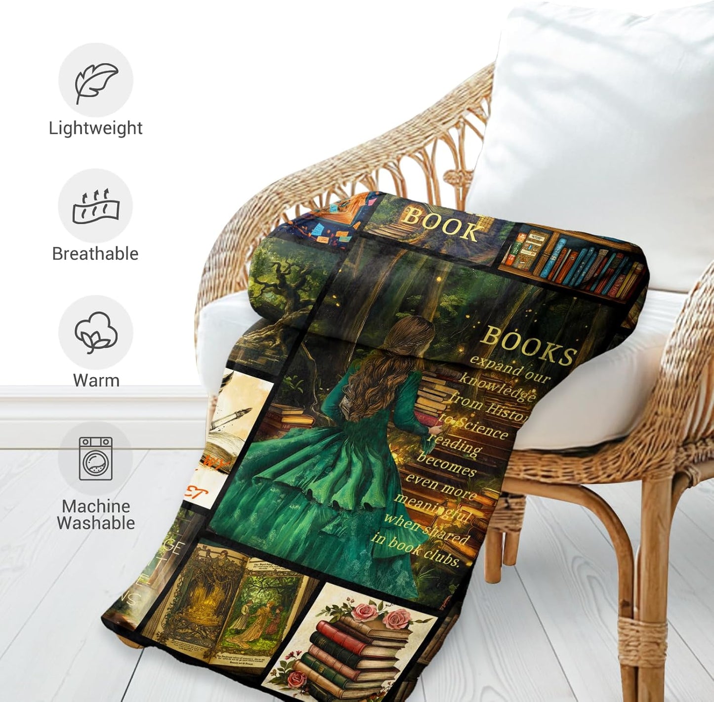 Jekeno Book Lovers Gifts Blanket for Women Girls Daughter Son Bookworms Reader Birthday Christmas Party Present Enchanted Forest Book Reading Theme Print Decor Books Clubs Home Soft Cozy Throw 50"x60"