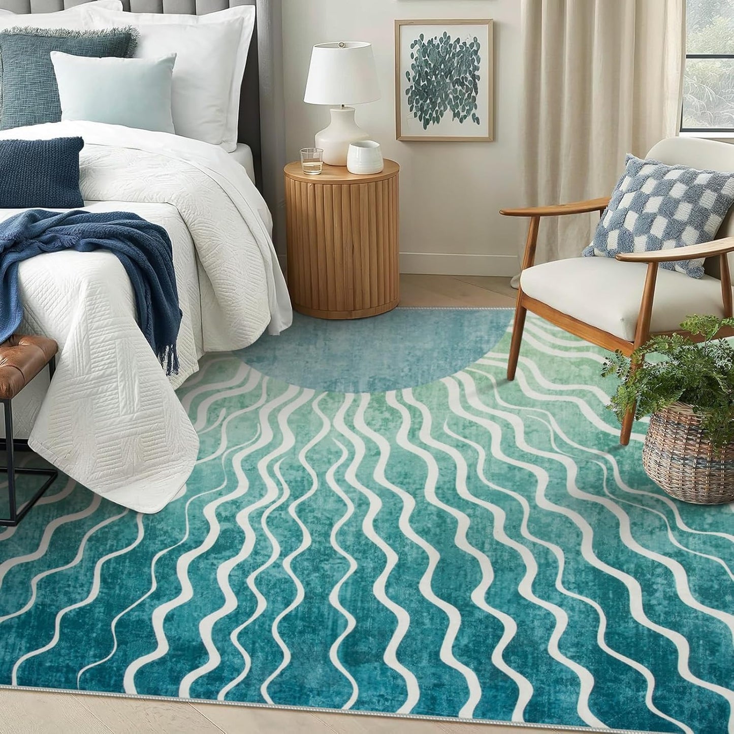 Wonnitar Sun Print Green Area Rug, Boho Washable 6x9 Area Rugs for Living Room, Non Shedding Soft Non Slip Modern Sage Green Carpet for Bedroom Dining Room Office, Teal/Multi