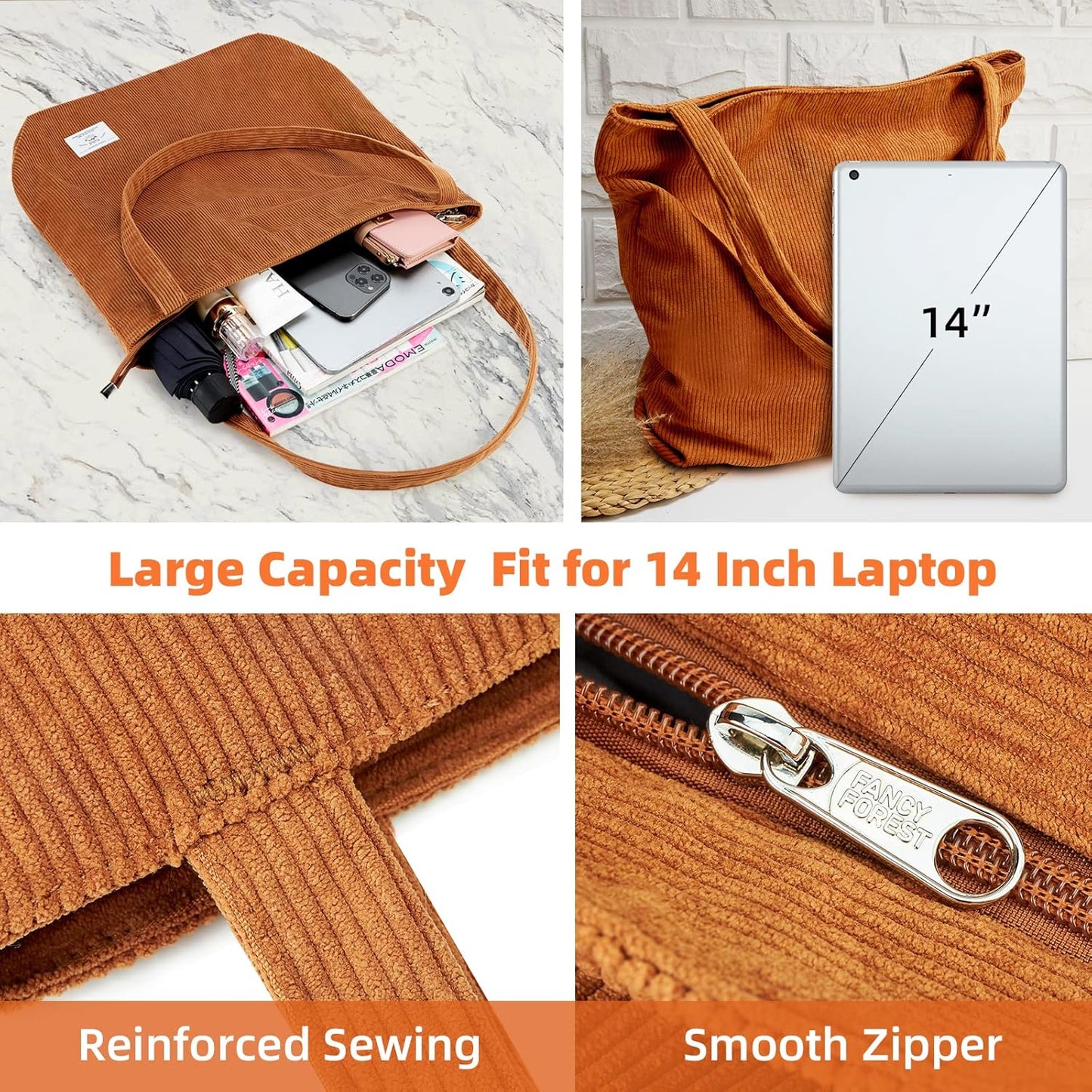 KALIDI Women Corduroy Tote Bag Zipper Casual Tote's Handbag Big Capacity Shoulder Bag with Pockets