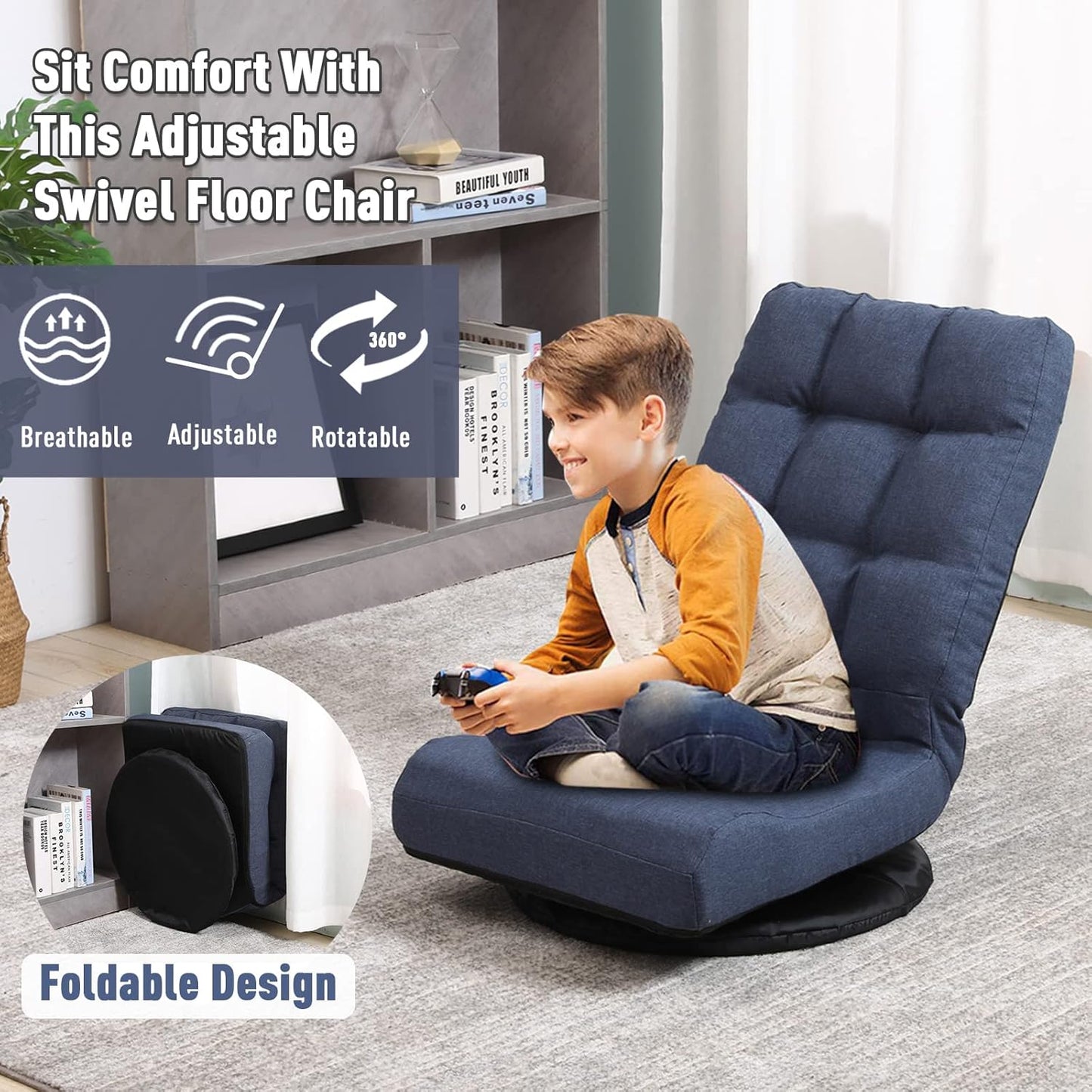 360° Swivel Floor Chair with 6-Position Backrest & Lumbar Support - Heavy Duty Folding Game Rocker for 300lbs, Multipurpose Gaming Chair for TV, Reading & Video Games, Blue