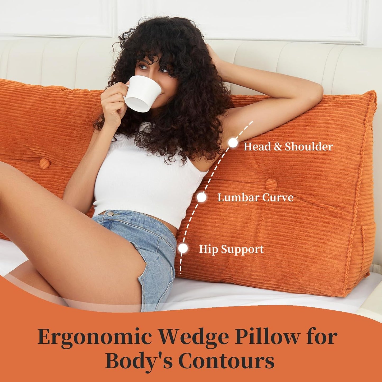 Bed Wedge Pillow for Headboard Sitting Up in Bed Rest Reading Sleeping, Large Triangular Bolster Pillows Daybed Couch Sofa Recliner Cushion for Body Lumbar Backrest Support（Queen，Burnt Orange）