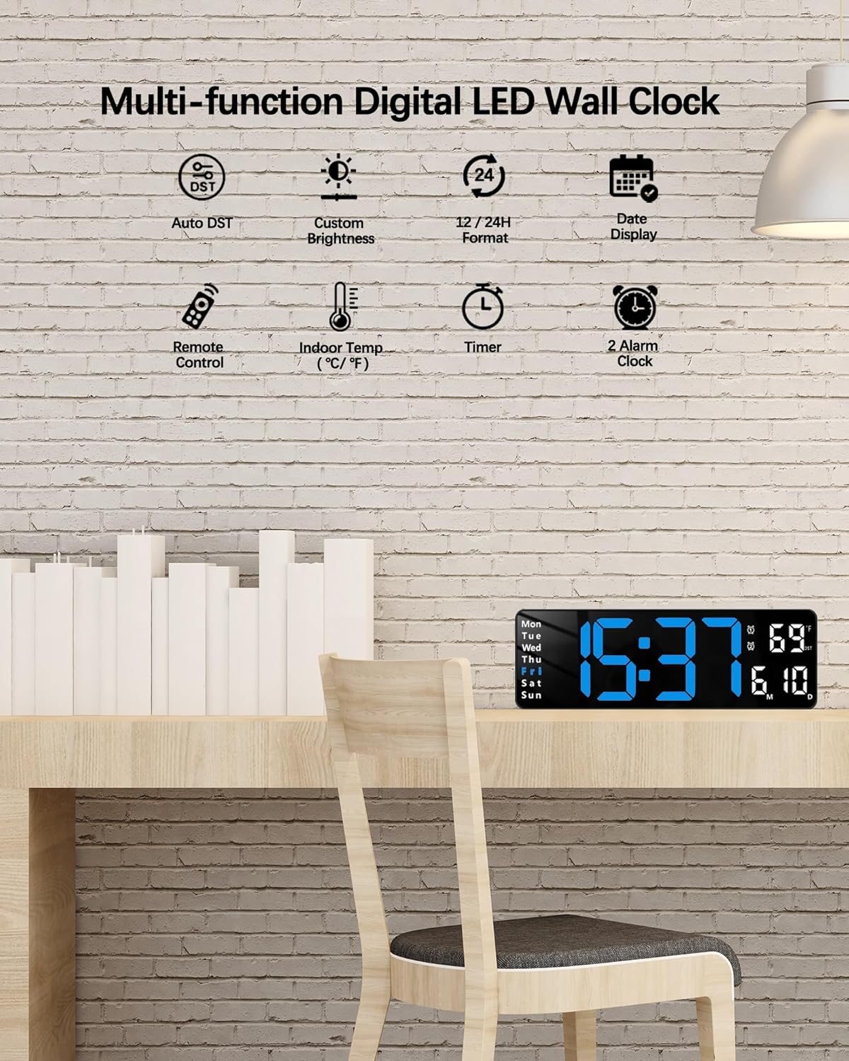 JoFomp Digital Wall Clock - 13" Large LED Display, Loud Alarm, Remote Control, DST, Auto-Dimming, Date and Day, Timer, Temperature - 12/24H Format - Ideal for Living Room, Bedroom, Kitchen