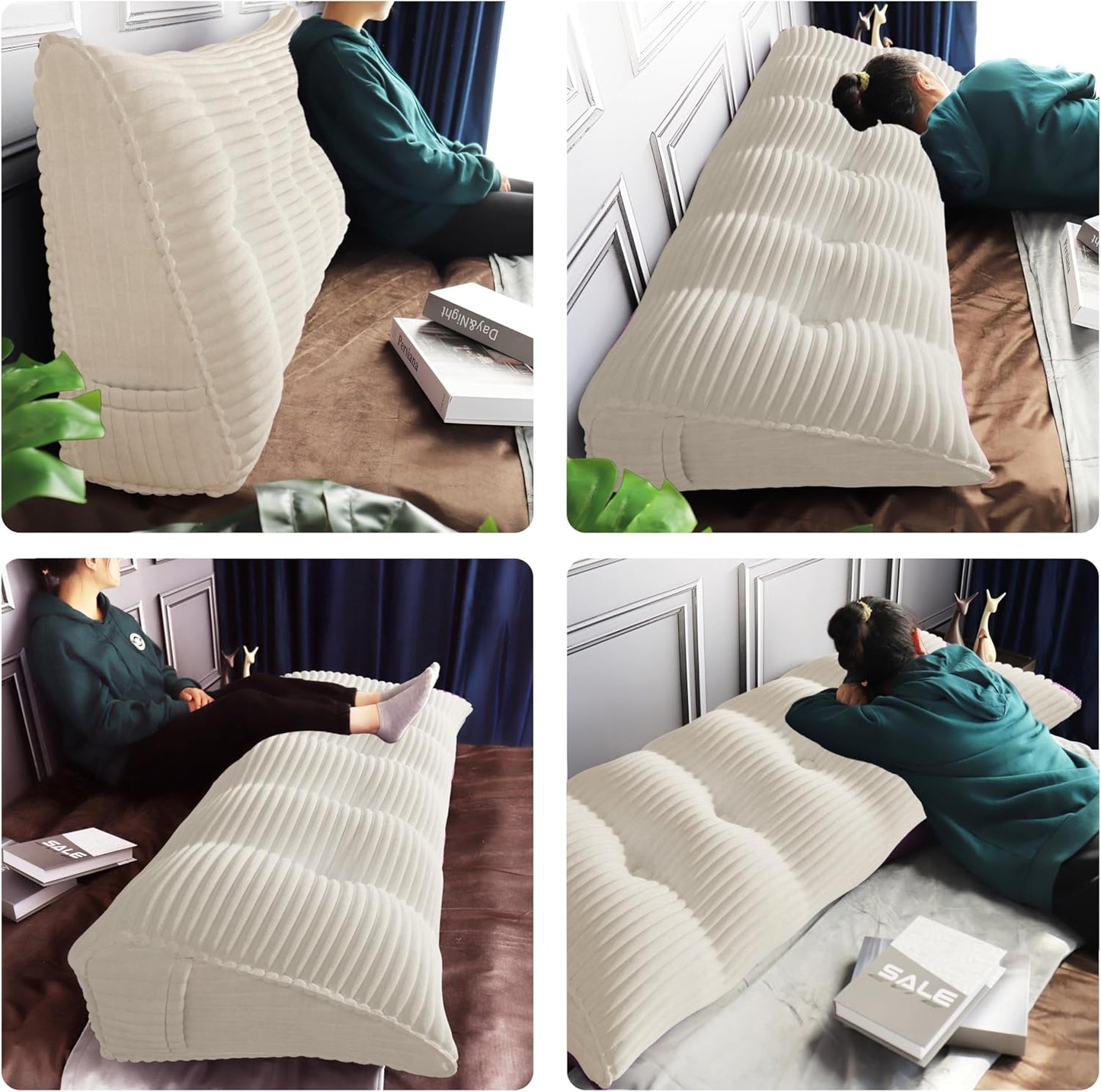Daneey Headboard Wedge Pillow Bed Wedge Pillow for Headboard Bolster Reading Pillow for Bed Back Pillow for Sitting in Bed Wedge Pillow Headboard with Removable Cordury Cover (White, Queen)