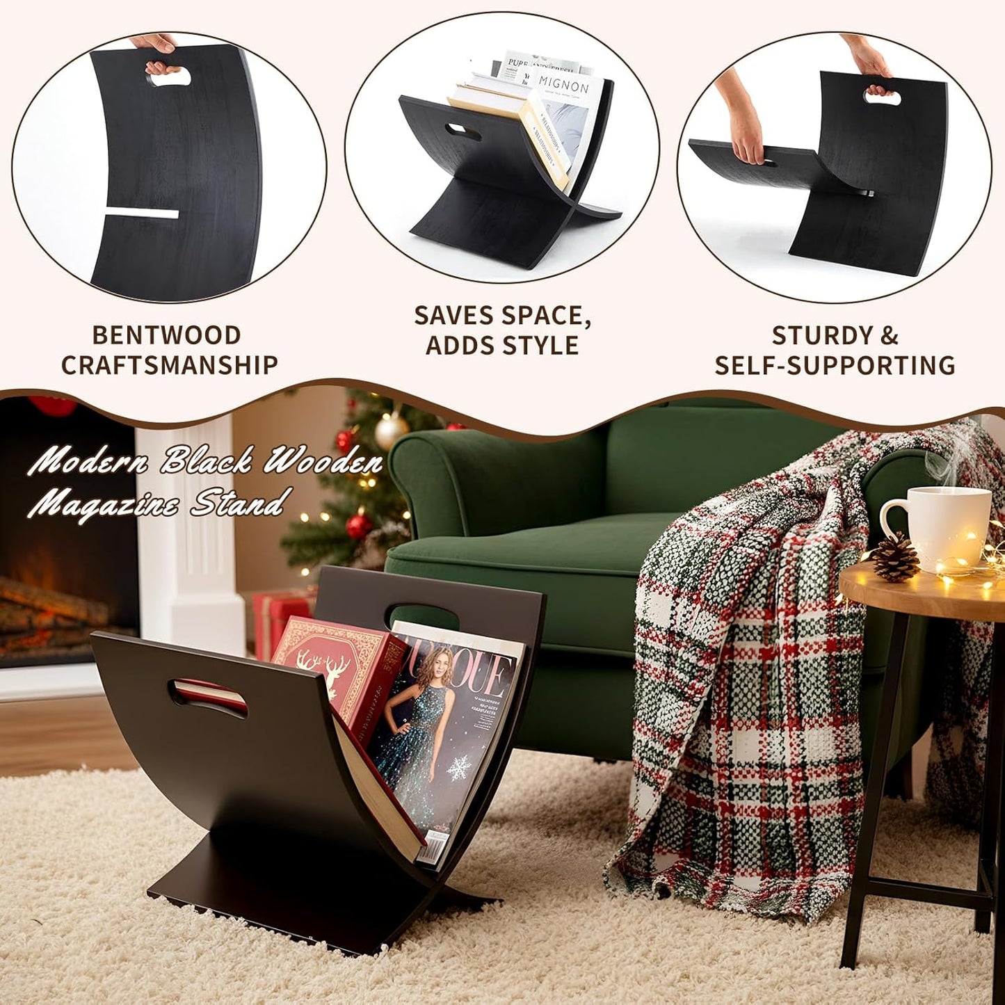 Black Freestanding Wooden Magazine Rack Vertical Floor Magazine Display Bathroom Newspaper Holder Stand for Home, Bathroom, Office, Bedroom, Living Room