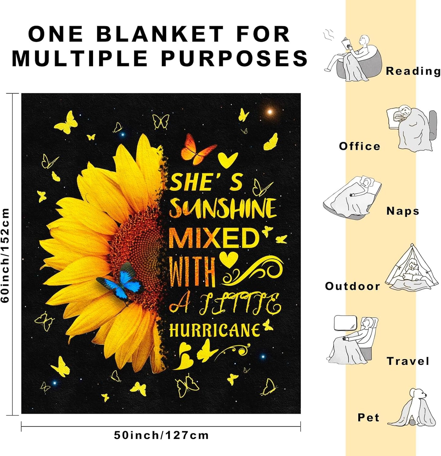 Sunflower Blanket for Women 60" x 50", Mother’s Day Inspirational Gift Blanket, Birthday Get Well Soon Baptism Gifts for Mom, Sister, Best Friend, Sunflower Lovers