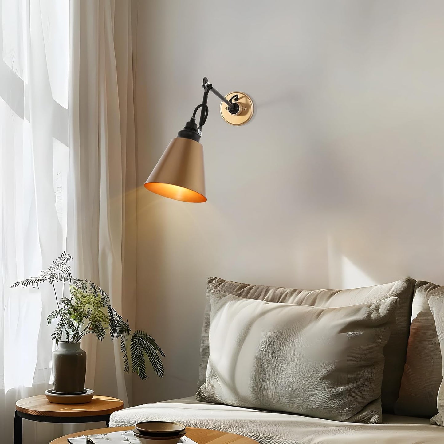 LOG BARN Modern Gold Wall Sconce Set of 2, Adjustable Swing Arm Plug-in Wall Lamps with Black Accents for Bedroom, Living Room, Kitchen or Reading Nook