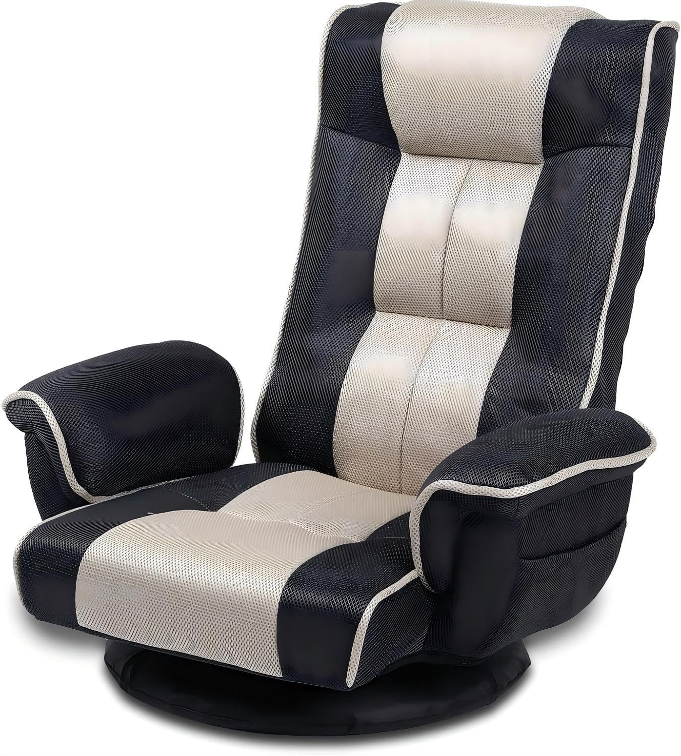 Linen Fabric Ergonomic Gaming Chair, 6-Position Reclining Sofa Bed with Lumbar Support, Foldable Floor Lounger with Thick Cushion, Armrests & Side Pockets for Esports, Reading, Napping (Grey + Beige)