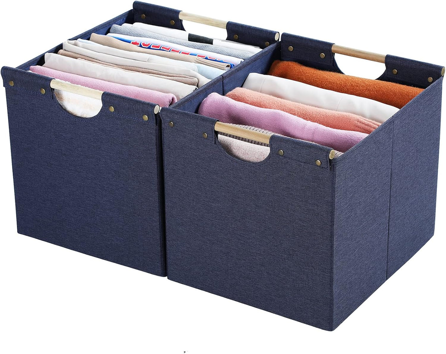 HOONEX Large Foldable Storage Bins, Linen Fabric, Pack of 2, Storage Baskets with Wooden Carry Handles and Sturdy Heavy Cardboard, for Home, Office, Car, Nursery, Blue