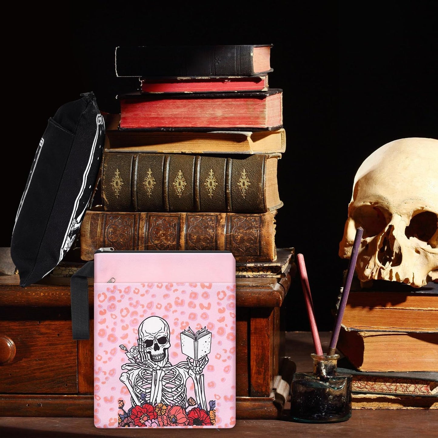 6 Pack Gothic Book Covers Book Club Gifts Book Covers for Paperbacks Skeleton Book Sleeve with Zipper Book Case Bag Gothic Book Protector for Book Lovers Teacher Student Gifts