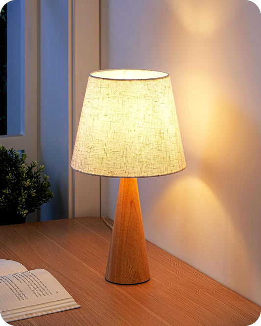 EDISHINE 13.58" Small Cute Table Lamp, Wooden Base Bedside Lamp with Beige Linen Lampshade, Space-Saving Nightstand Lamp for Nursery Bedroom Living Room, E26, ON-Off Button, Burlywood Base
