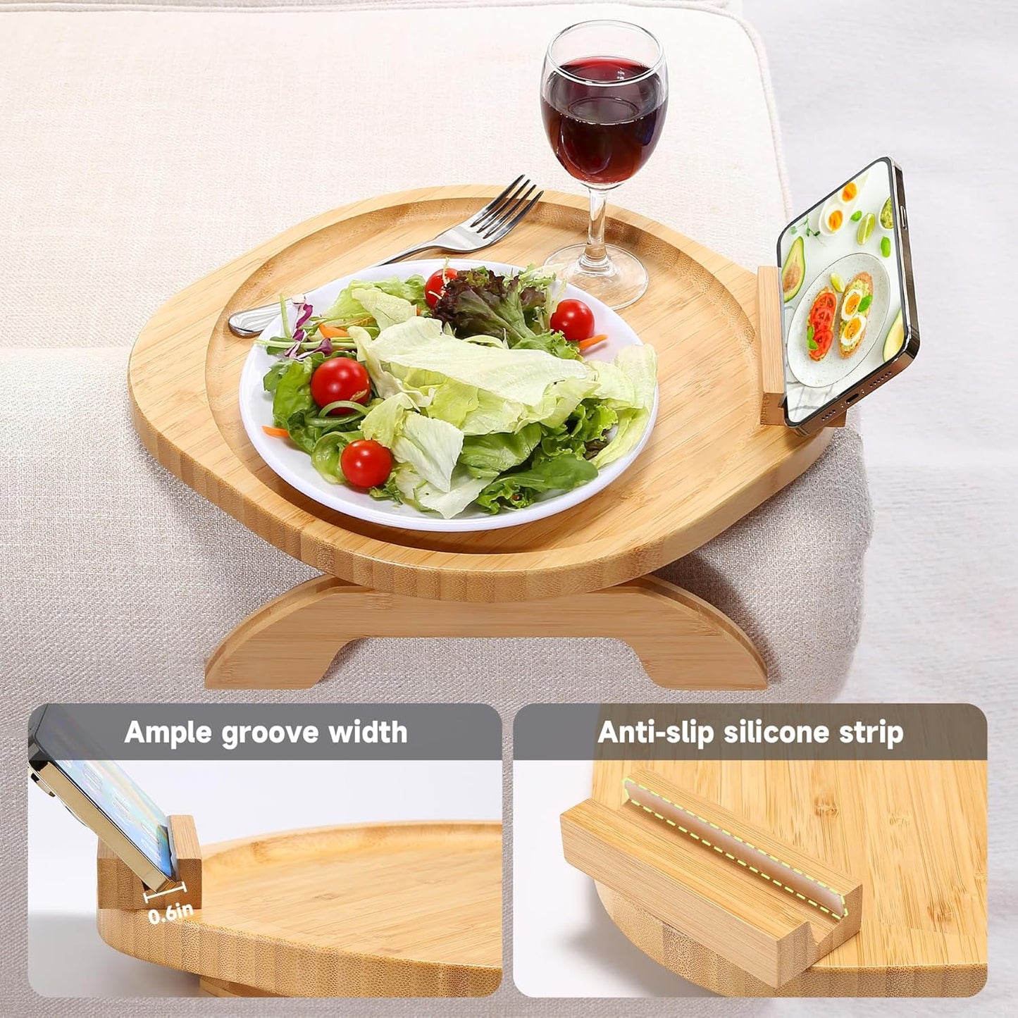 Couch Arm Tray Table, Bamboo Clip-on Couch Arm Tray with 360° Phone Holder, Foldable Sofa Armrest Table for Eating, Drink, Snacks, Coffee, TV, Remotes