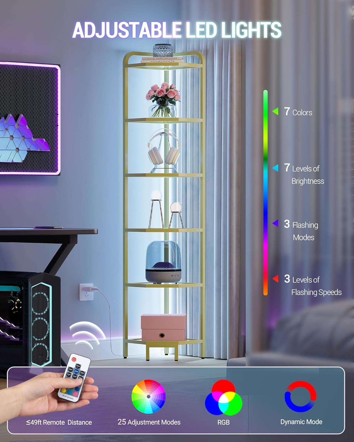 Corner Shelf with LED Lighting, 6-Tier Glass Bookshelf, Steel Frame, Tempered Glass, Modern Style Corner Shelf, Suitable for Living Room, Bedroom and Game Room, Gold CS09699G