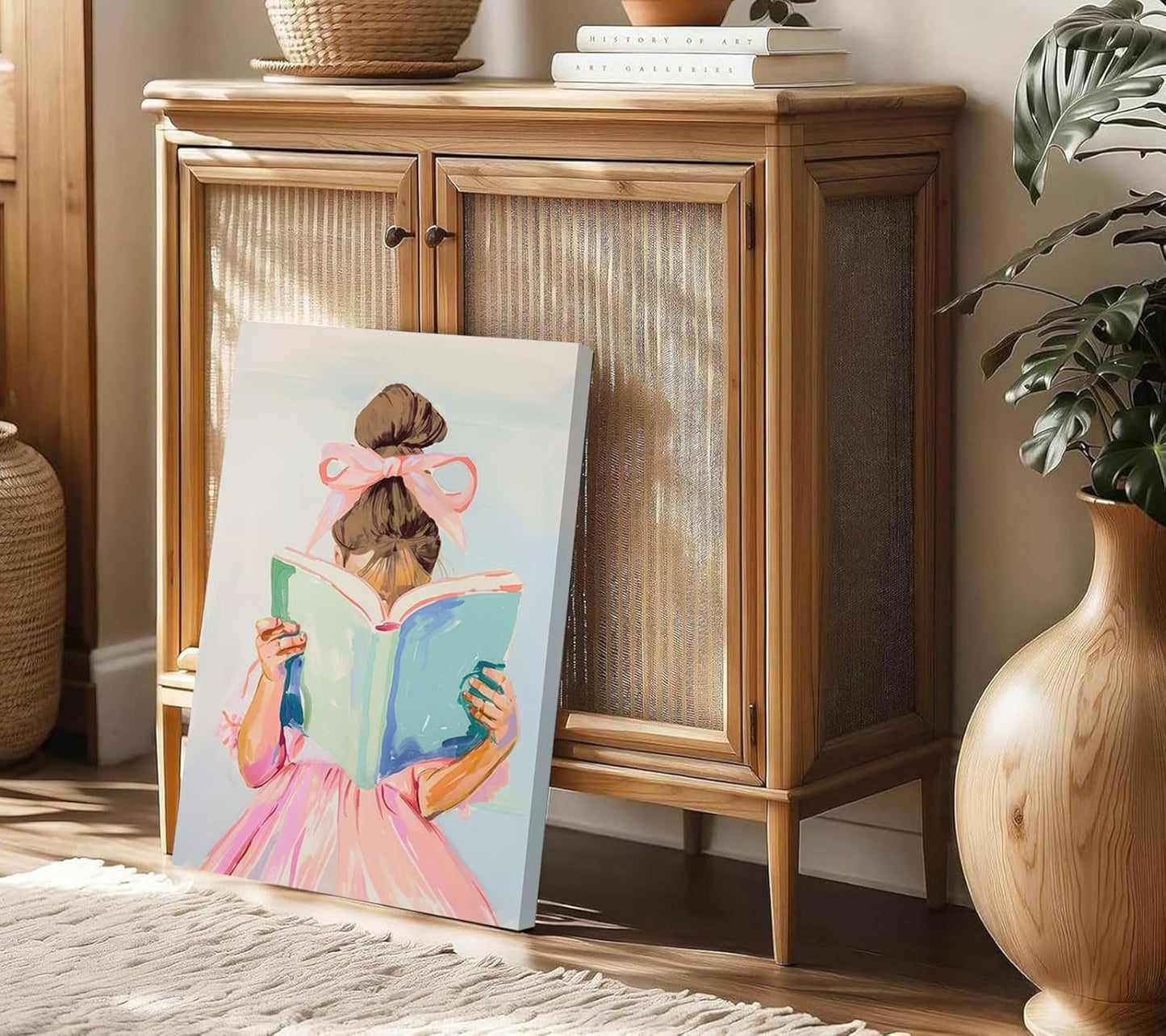 Brown hair girl reading book canvas wall art children reading wall decor picture Pastel little girl poster print pink bow aesthetic artwork for gallery library reading nook decoration,16x24in