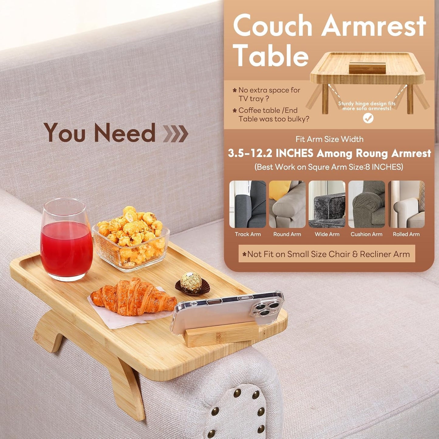 SINWANT Couch Arm Tray,Bamboo Sofa Clip on Side Table,Foldable Couch Armrest Table with 360° Phone Holder,Food Trays for Eating/Drinks/Snacks/Remote 15.35" x 9.8"