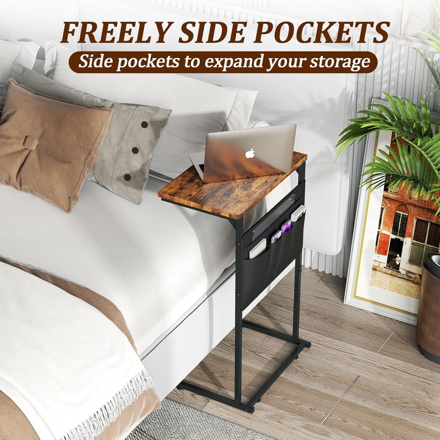 C Shaped End Table, Small Side Table with Storage Bag for Couch, Sofa Table with Metal Frame for Living Room and Bedroom Bedside, Rustic Brown ZER-007Br