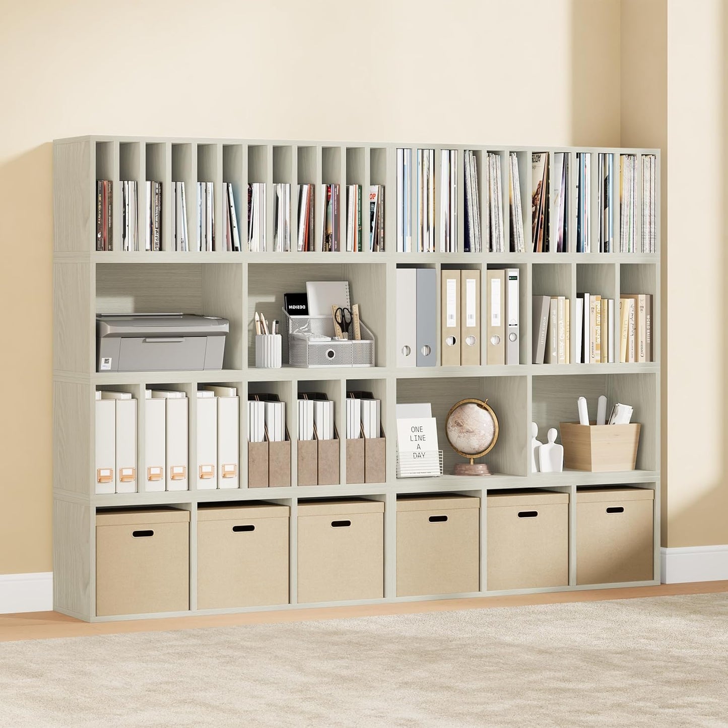 IOTXY DIY Modular Cube Bookcase - CubeXY Customizable Stackable Expandable Combination Set, 23-Cube Open Bookshelf for Books, Fabric Storage Bin, and 7/10-inch Vinyl Record Organizer, Oak