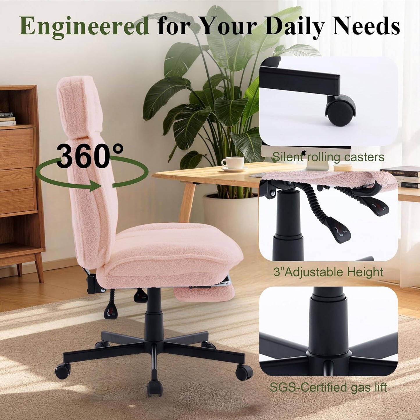 Criss Cross Chair with Wheels, Wide Seat Cross Legged Office Chair with Footrest, Adjustable Headrest & Reclining Backrest, Upholstered Ergonomic Desk Chair for Home Office, Gaming, Vanity (Pink)