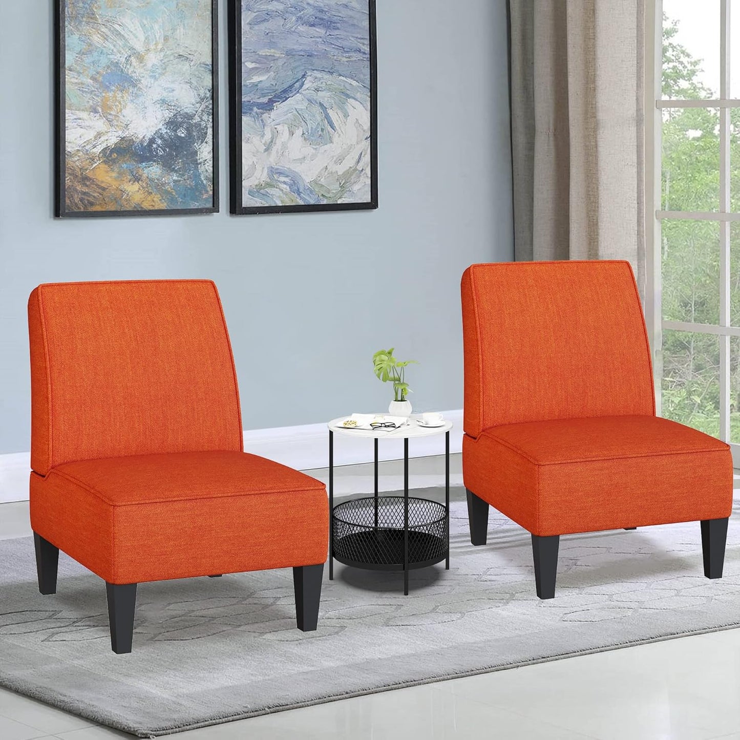 ALISH Accent Chairs Set of 2 Upholstered Living Room Chairs Armless Side Chairs Bedroom Chairs with Curved Backrest and Wooden Legs Orange