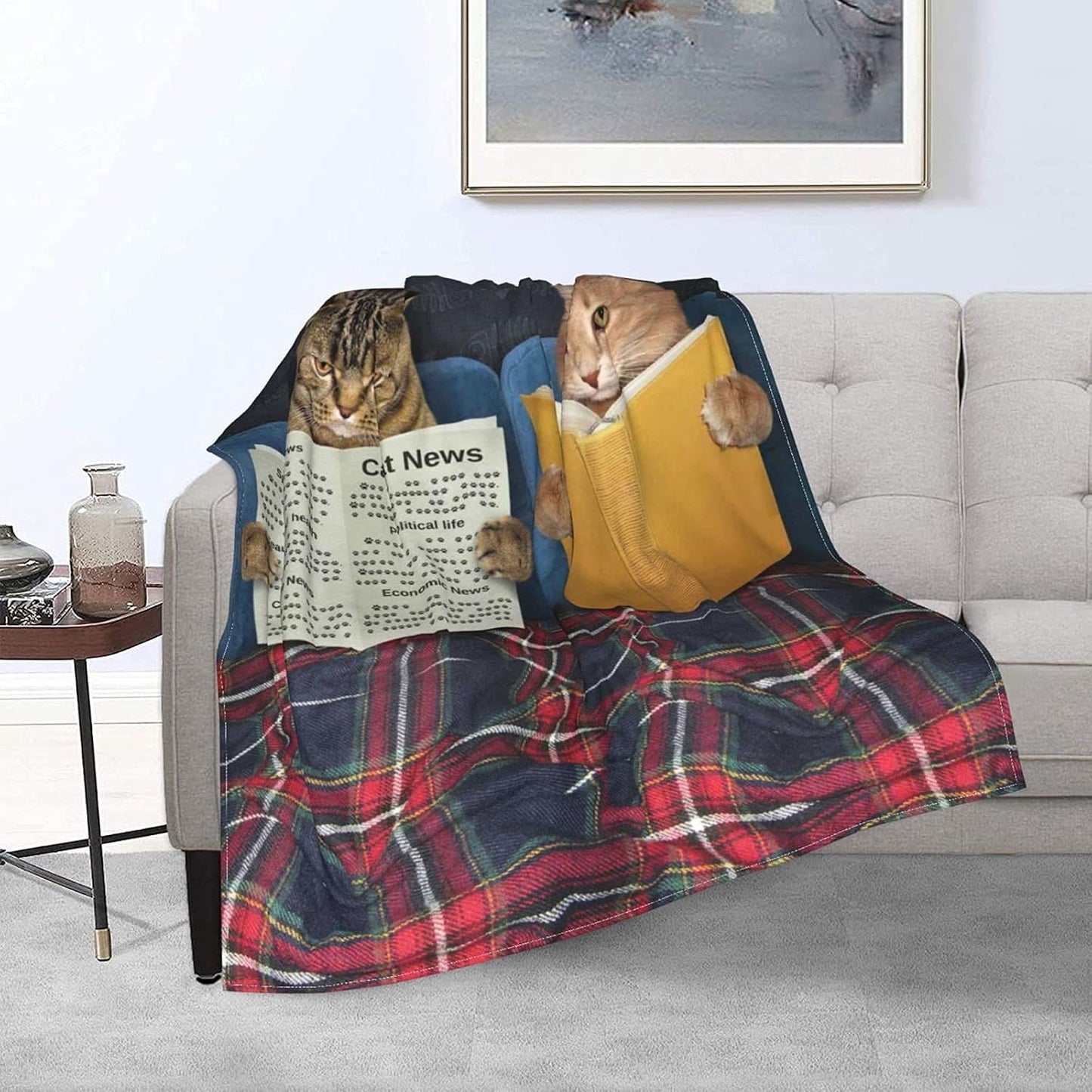 Cute Cat Blanket Two Cats are Reading in Bed Throw Blankets for Kids Teens Adults,Cozy Flannel Super Soft Lightweight Fluffy Sofa Office Fleece Plush Blanket - Funny Animal 50"x40"