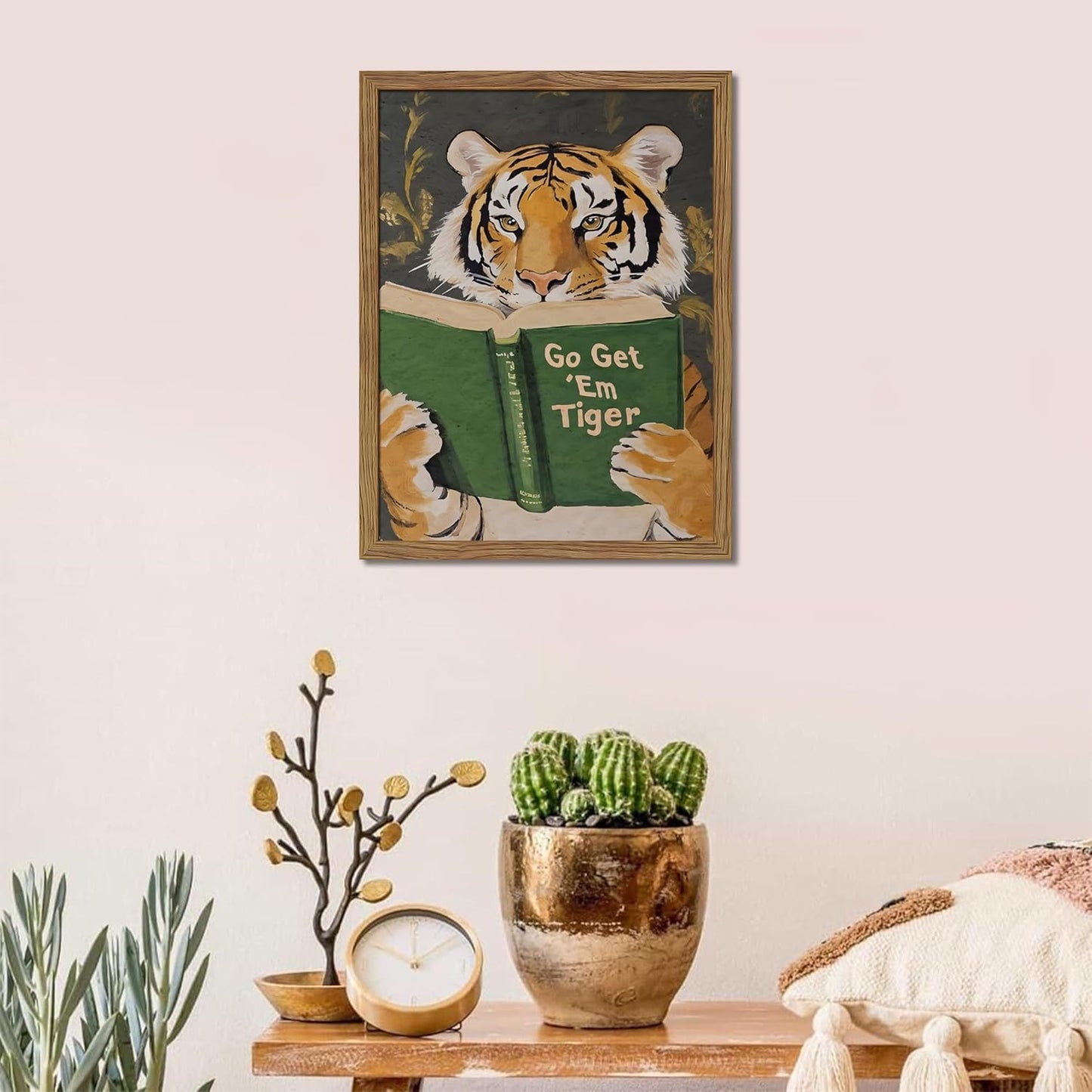Framed Tiger Canvas Wall Art, Motivational Tigers Reading Poster Print, Humorous Bookworm Pictures Wall Decor, Vintage Go Get Em Tiger Painting for Office Library Bedroom Decor 12x16 inch