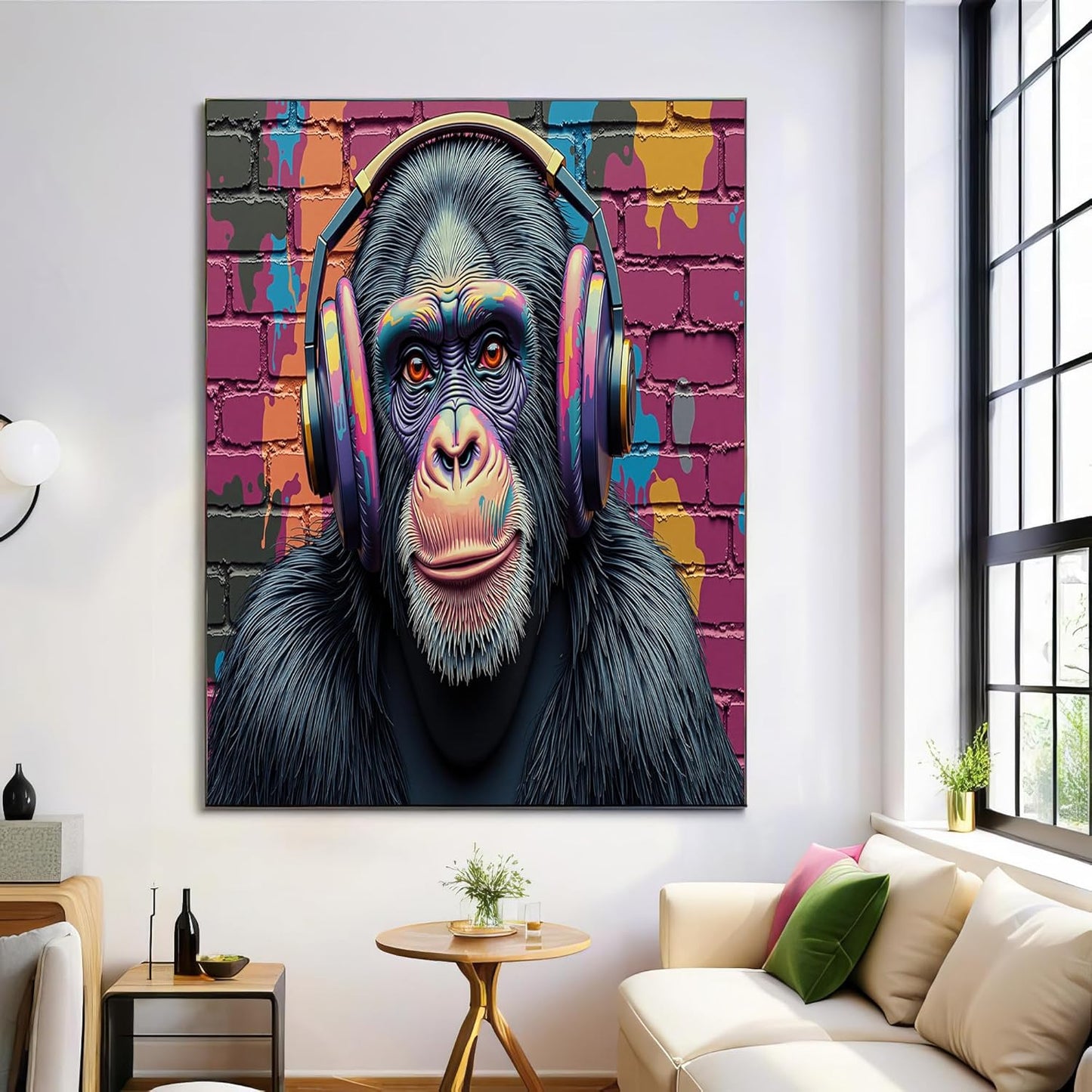 GDJSMIN Street Art Style Wall Art, Animal Monkey Wearing Headphones Poster for Reading Room Living Room Decor 24 x 36 inch Unframed