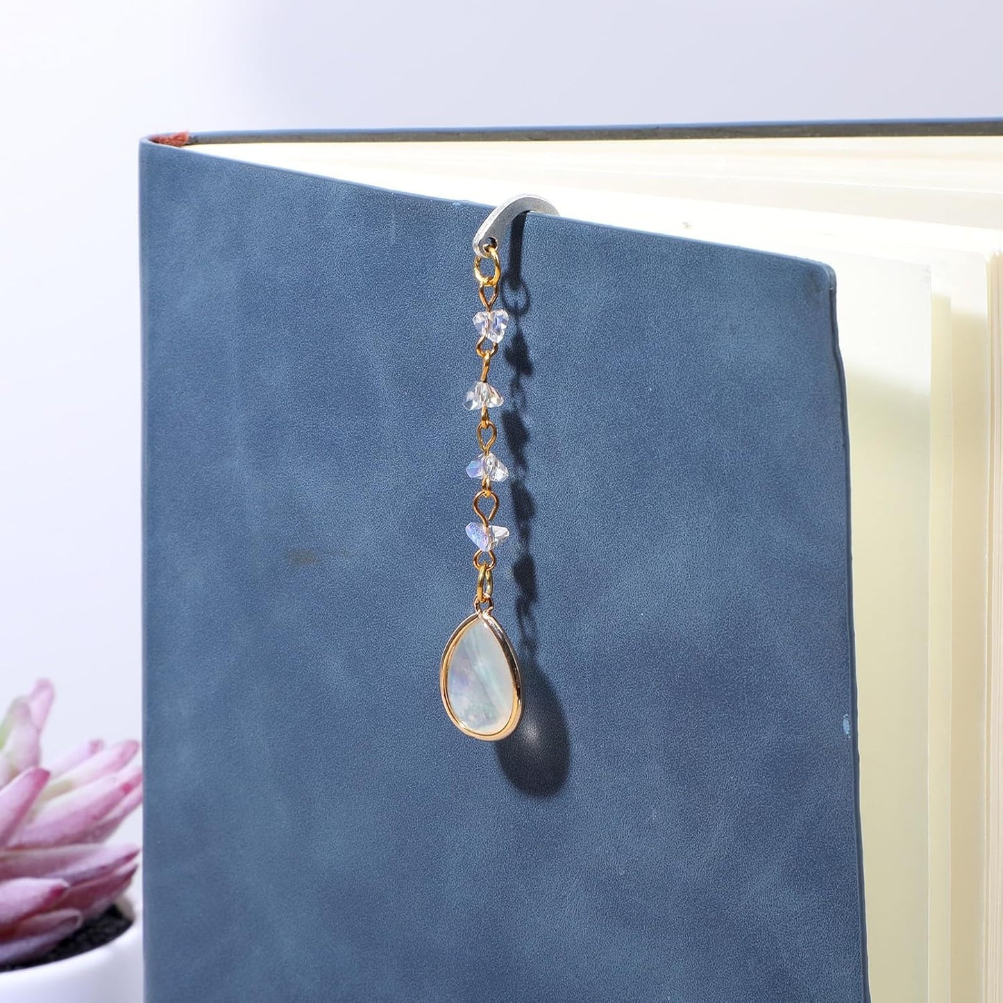 Vintage Metal Bookmark, Bookmark with Pendant, Embossed Bookmarks Elegant Opal Bookmarks with Drop Shell&Clear Quartz Crystal Stones Bead Chain for Women Men Book Lovers Teachers Girls (Silver)