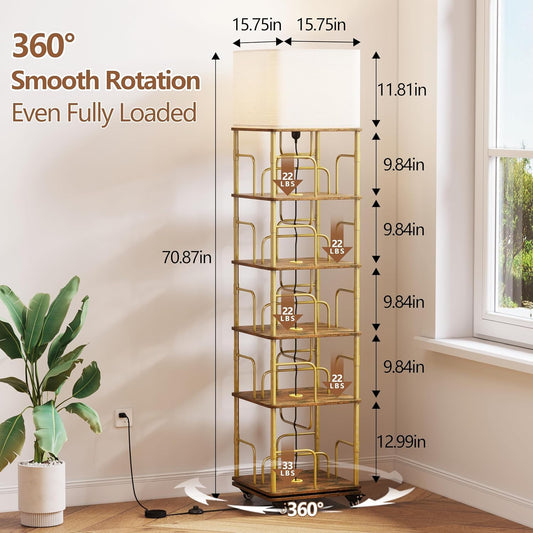 5 Tier Rotating Bookshelf with LED Light, 360 Degree Spinning Square Storage Shelf for Small Corner, Rotating Bookshelf Tower for Home, Rooms, Office (Gold+Brown)