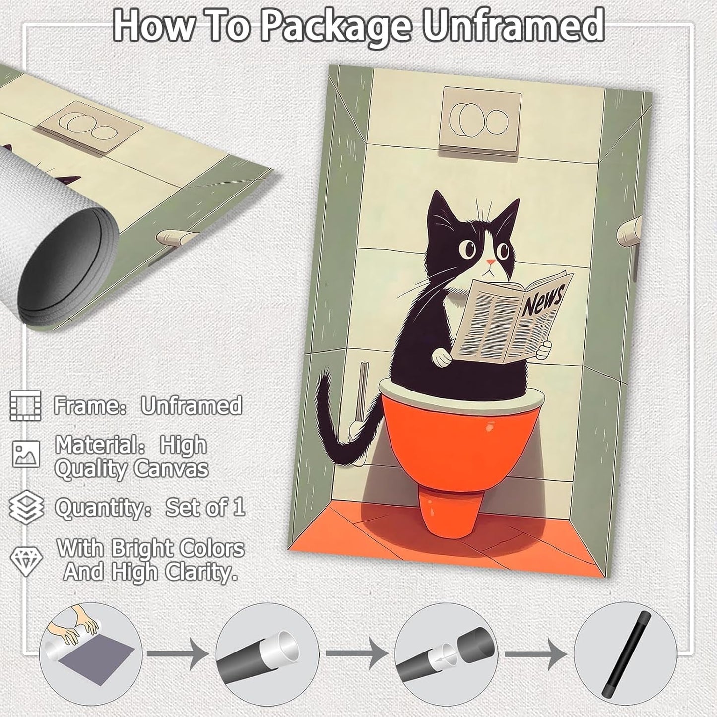 Generic Funny Black Cat Wall Art Poster - Cat Reading Newspaper On Toilet - 12x16in Unframed - Bathroom, Bedroom, Living Room, Office, Kitchen