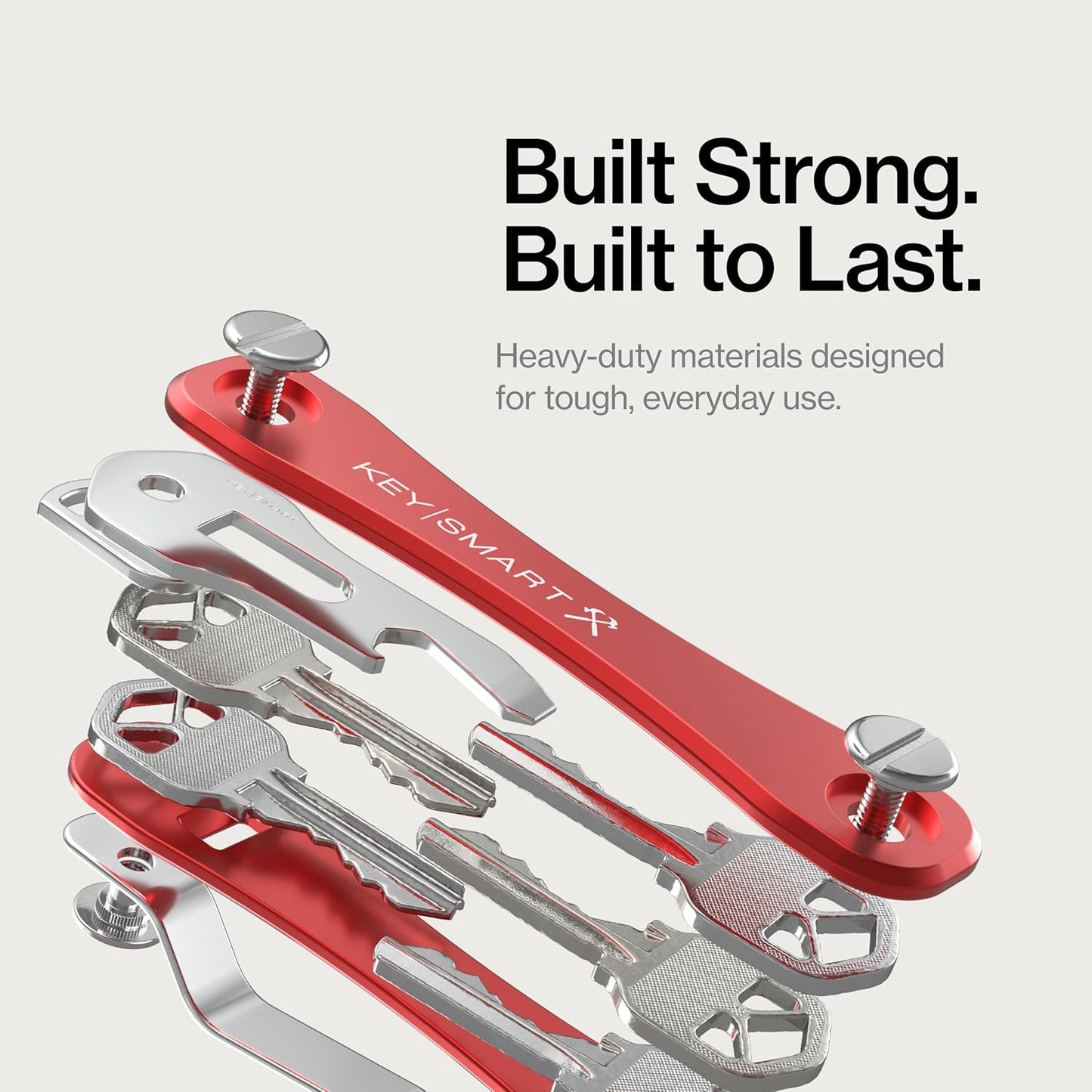 KeySmart Rugged - Multitool Key Holder for Keychain w/Bottle Opener and Pocket Clip, Key Organizer for Key Chain, EDC Keychains, Key Ring for Car Fobs Key Chains, Expandable (Up to 14 Keys, Red)