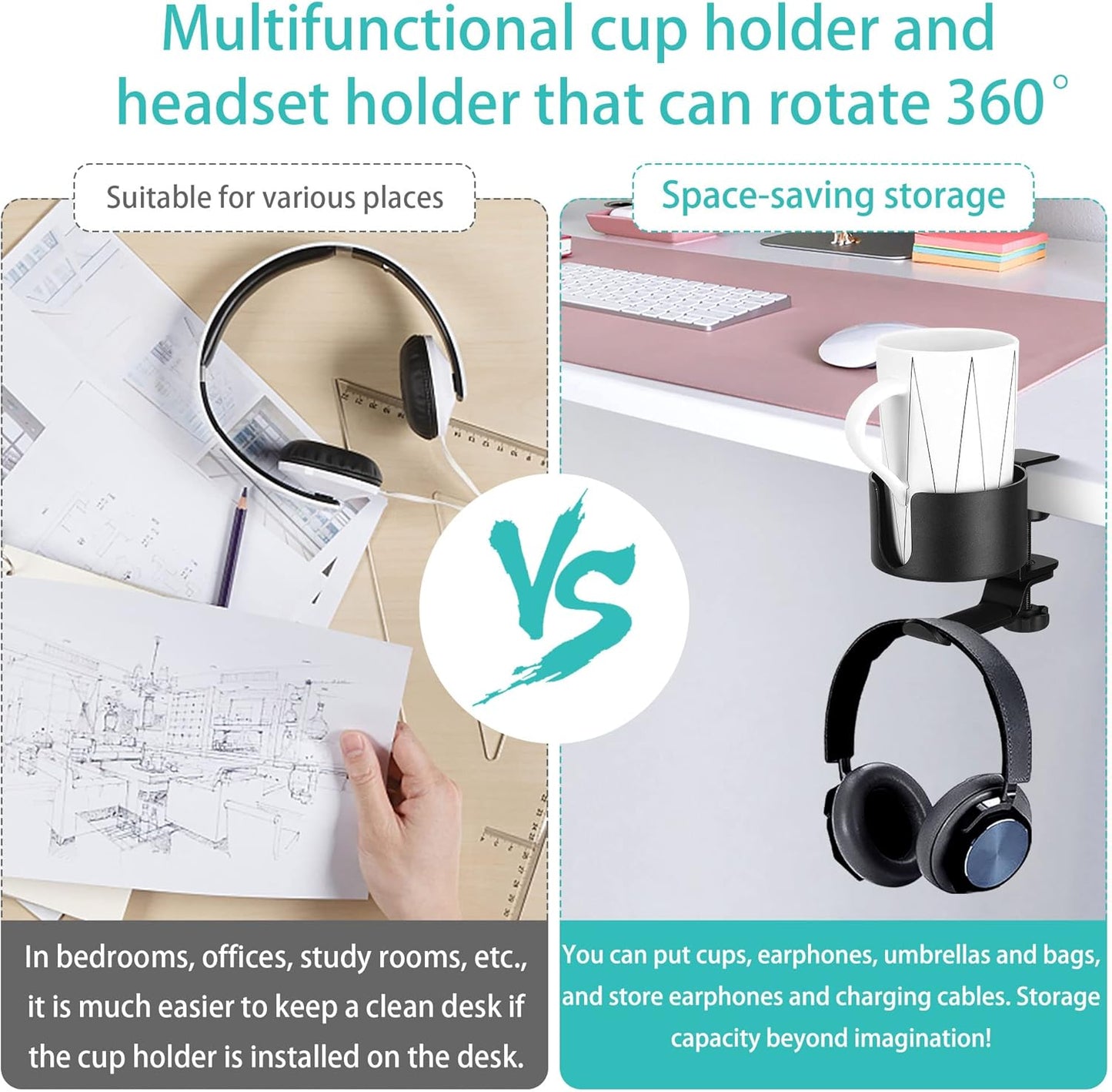 2 in 1 Desk Cup Holder with Headphone Hanger Holder, Anti-Spill Cup Holder-360° Rotation Aluminum Alloy Stand Hook Bearing Capacity 10kg/22lb Suitable for Coffee Mups,Water Cups,Bag,Headphone