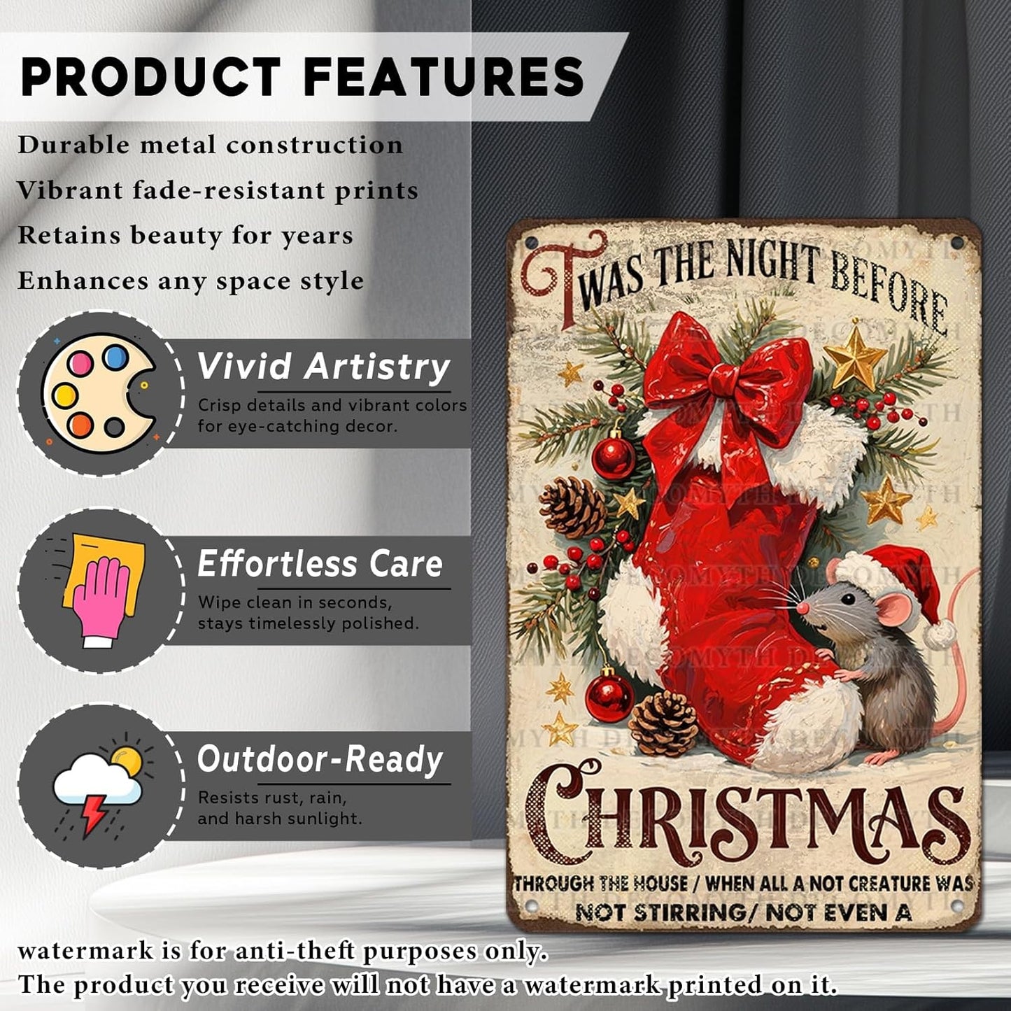 Vintage Twas The Night Before Christmas Stocking Mouse Tin Sign Storybook Decor for Children's Reading Nooks Enchanted Bedtime Corners 12 * 8inch
