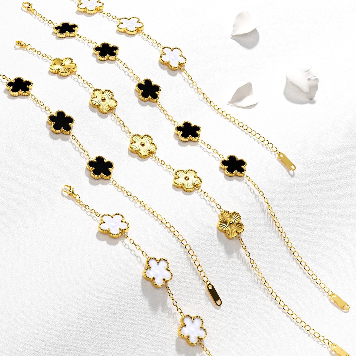 AICase 18K Gold Plated Clover Bracelet Dupes Gold/White/Black Bracelet Set for Women Flower Leaf Lucky Clover Bracelets Trendy Jewelry Birthday Gifts for Women/Mon/Friends