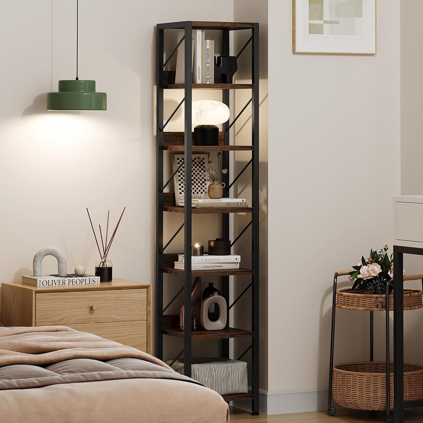IDEALHOUSE Narrow Bookshelf Tall Skinny Bookcase 6 Tier Storage Rack Rustic Corner Shelf Metal Frame Small Freestanding Bookshelves Industrial Display Stand for Bedroom, Living Room, Home Office